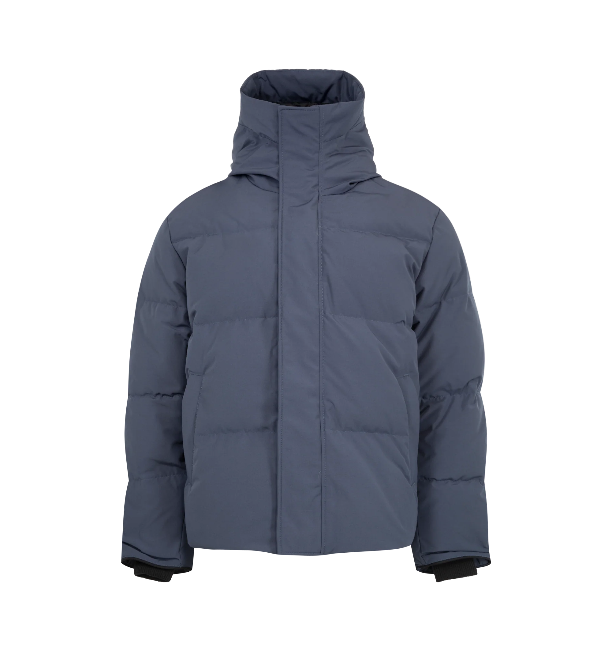Image 2 of 4 - BLUE - Canada Goose Men's Seymour Parka is crafted from Recycled Organic Arctic Tech and features a quilt-through construction designed for protection in extreme cold-weather conditions. The parka is equipped with an adjustable snorkel hood, a tricot-lined chin guard, and a concealed snap placket over a front zip closure for enhanced coverage. Functional details include interior backpack straps for hands-free carrying, recessed rib-knit cuffs reinforced with CORDURA, two exterior zip pockets,