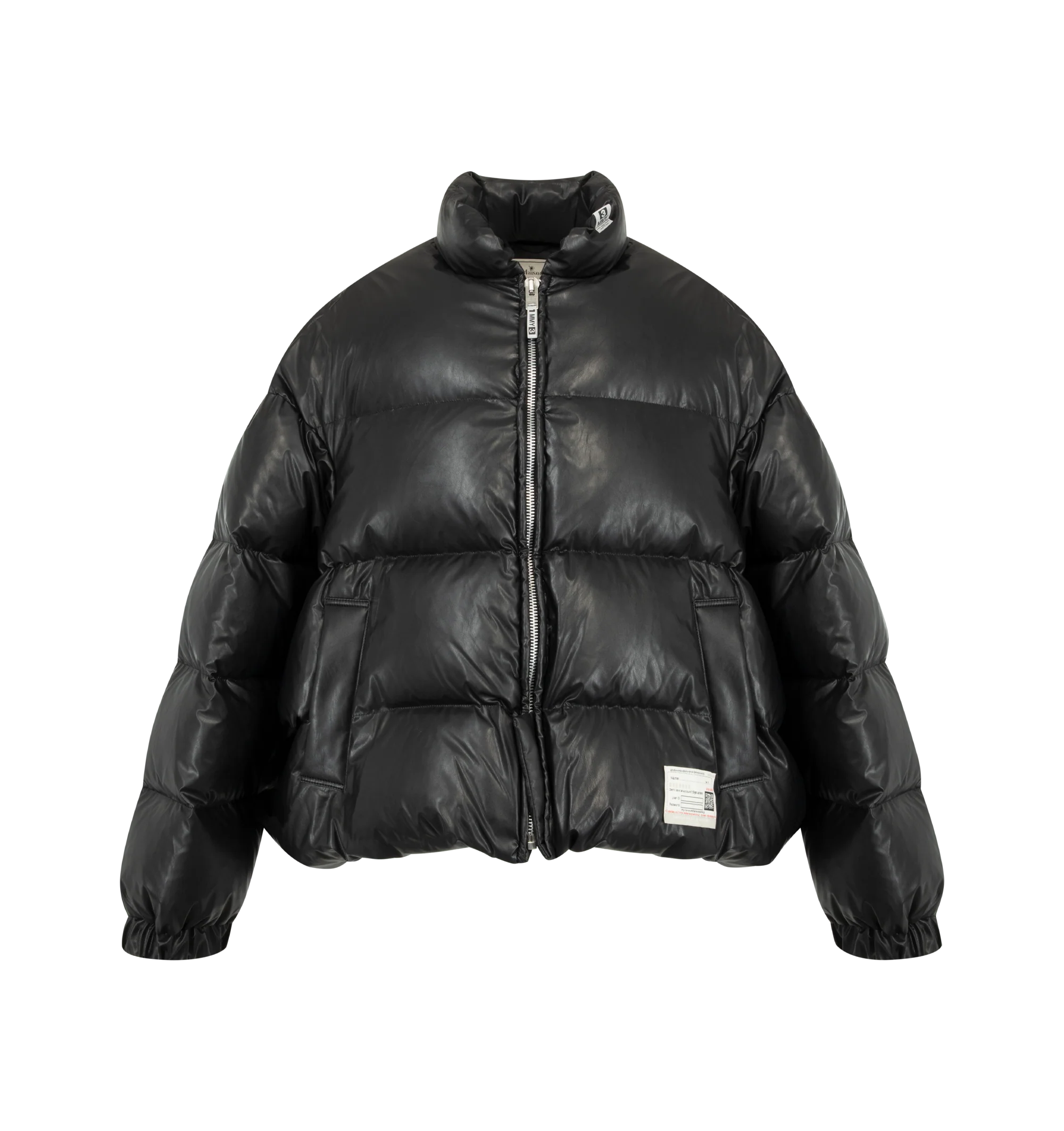 Image 1 of 3 - BLACK - Maison Mihara Yasuhiro Men's Bottom Folded Down Jacket is crafted from premium fabric and features a unique folded-down hem design, a relaxed silhouette, front closure, and functional pockets for a contemporary deconstructed look. This designer jacket combines Maison Mihara Yasuhiro's signature experimental aesthetic with everyday versatility, creating a distinctive outerwear piece for modern styling. Made in Japan.