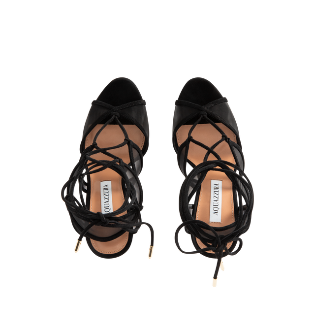 Image 4 of 4 - BLACK - AQUAZZURA Fatal Attraction Sandals featuring slender straps, soft black suede and mesh, point-toe, stiletto heels. 105mm/ 4 inches Black suede and mesh, ankle ties, padded leather insole and signature logo detailing. Heel height: 105 mm. Made in Italy.