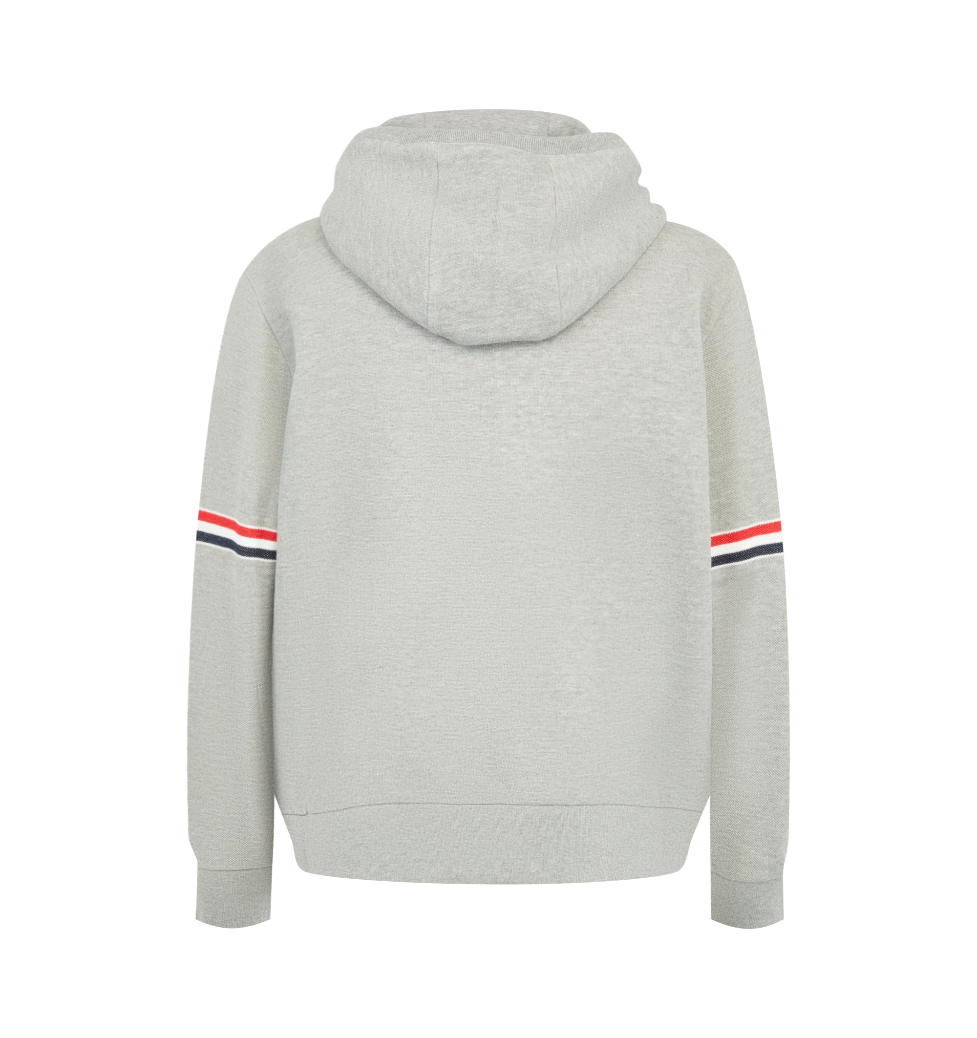 Image 2 of 2 - GREY - Thom Browne Men's Piqu Loopback Zip-Through Hoodie is crafted from cotton and features signature red, white, and blue striped grosgrain armbands. A drawstring hood, two-way front zip closure, side slip pockets, buttoned cuffs with striped grosgrain trim, and a signature grosgrain loop tab complete the design. Main Material: 100% Cotton. Made in Italy. 
