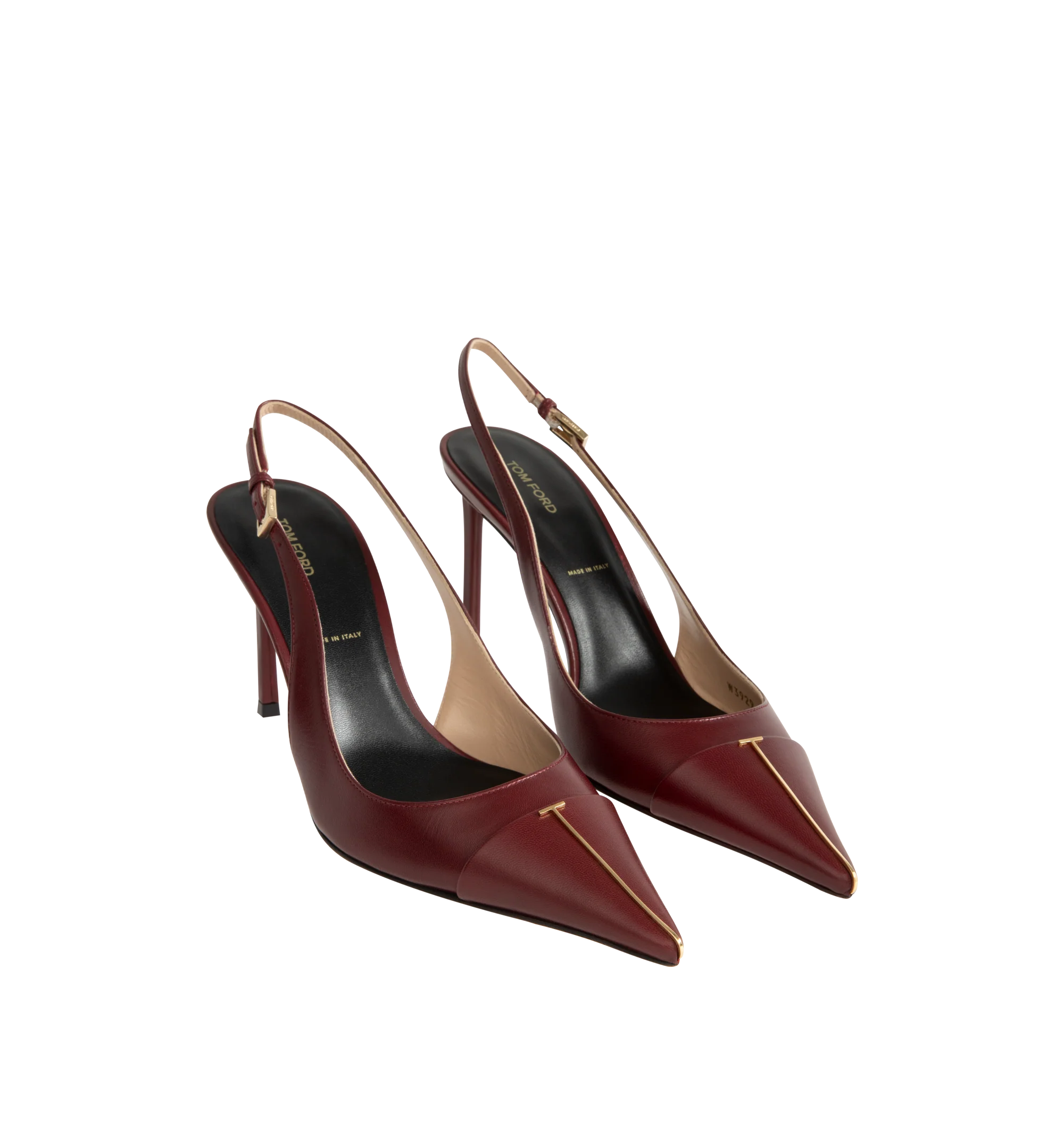 Image 2 of 4 - RED - Tom Ford Womens Thea Slingback Pumps are crafted from shiny goatskin leather. Feature an elongated pointed toe with signature pale gold-tone T metal detail, adjustable slingback strap, stiletto heel, and leather sole. Heel Height: 10.5 cm. Main Material: 100% Goatskin Leather; Sole: Leather. Made in Italy. 