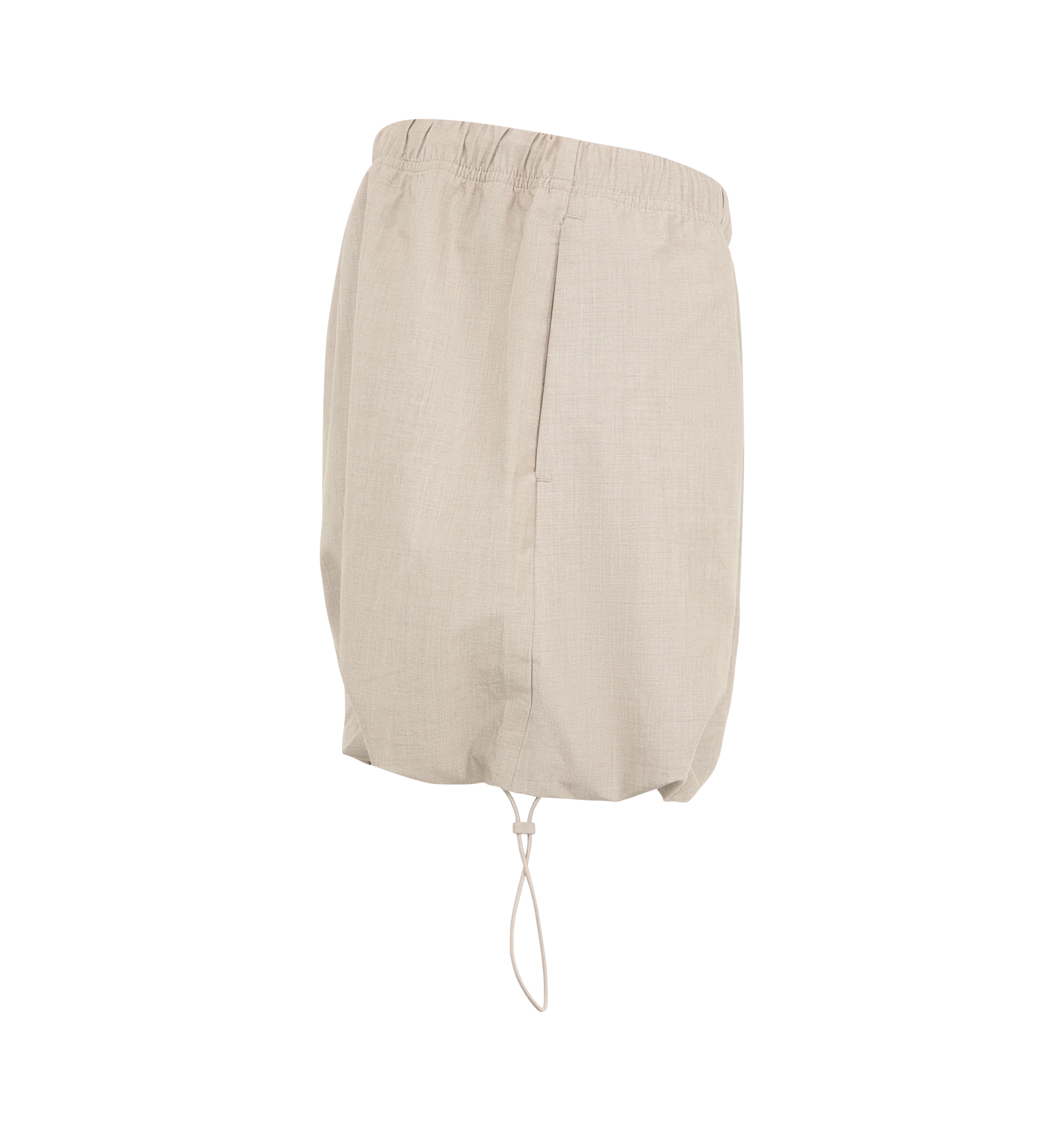 Image 3 of 3 - NEUTRAL - The Fear Of God Essentials Women's Micro Skirt is crafted from a silk stretch blend for elevated comfort. This mini silhouette features an encased elastic waistband with bungee drawcords and adjustable toggles at the waist and hem. Materials: 69% Polyester, 19% Silk, 8% Wool, 4% Spandex.