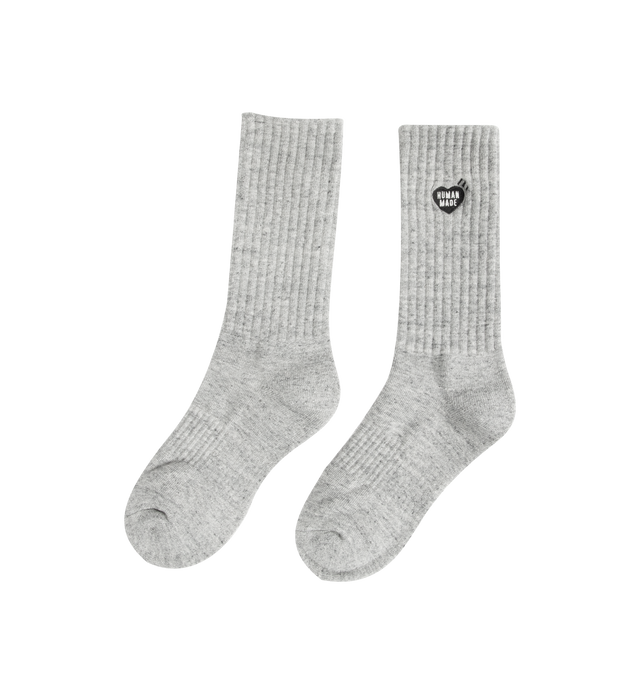 Image 2 of 2 - GREY - HUMAN MADE Pile Socks featuring iconic heart logo, mid-length and ribbed ankle. 57% cotton, 25% acrylic, 8% polyester, 8% nylon, 2% spandex. 