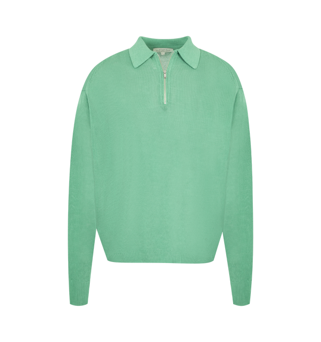 Image 1 of 2 - GREEN - STUDIO NICHOLSON Heddy Zip Up Polo Jumper featuring soft polo collar, relaxed, draped shoulders, spread collar, long sleeves, zip fastening and regular fit. 100% paper yarn.