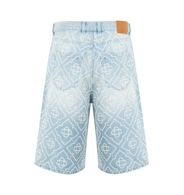 Image 2 of 3 - BLUE - CASABLANCA Pearl Denim Shorts featiring zip fly with button closure, belt loops, five-pocket style, silver-tone hardware, baggy silhouette and pearl detail throughout. 100% cotton. Made in Portugal.