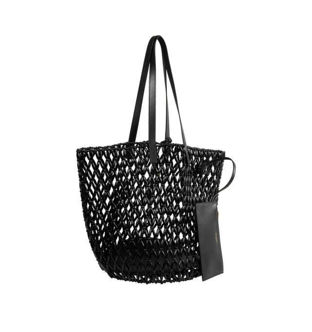 Image 2 of 3 - BLACK - SAINT LAURENT Beaded Shopping Bag featuring a distinct, unlined, and handcrafted design, two leather flat handles and a detachable leather keychain accessory. 35 cm x 29 cm x 25 cm. 100% wood beads. Made in Italy.