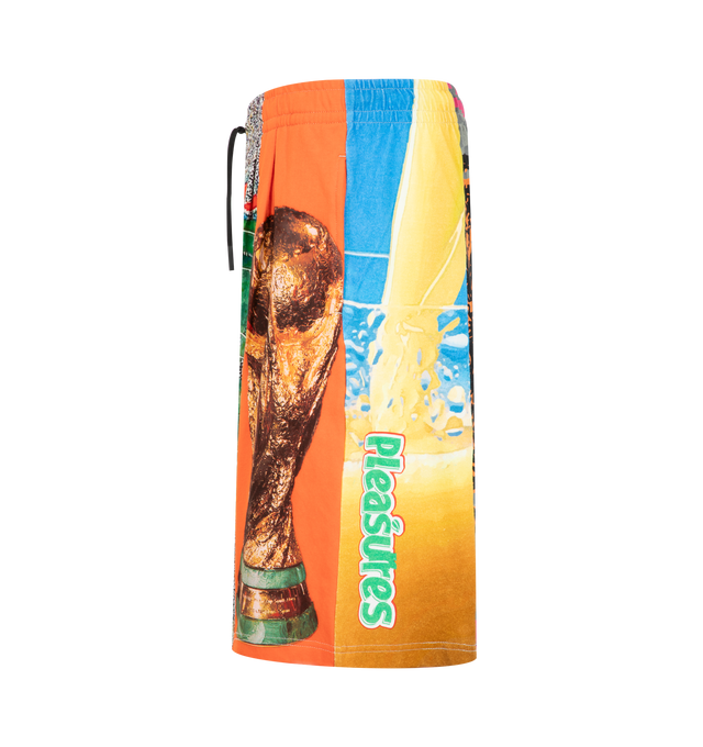 Image 3 of 4 - MULTI - Pleasures Mens World Cup Wide Shorts are crafted from heavyweight cotton jersey. Features a wide-leg silhouette, pin-tucked pleats, elastic waistband, and all-over graphic print. Main Material: Cotton. Made in China. 