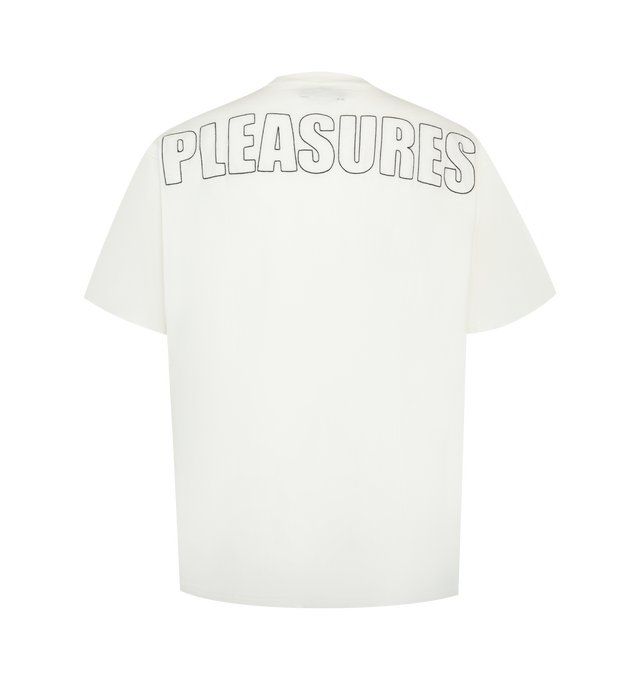 Image 2 of 2 - WHITE - Pleasures Mens Relaxed Heavyweight T-Shirt is crafted from heavyweight cotton jersey. Features a relaxed fit, crew neck, printed logo at the front chest, and running stitch embroidery on the back. Main Material: 100% Cotton. Made in China.