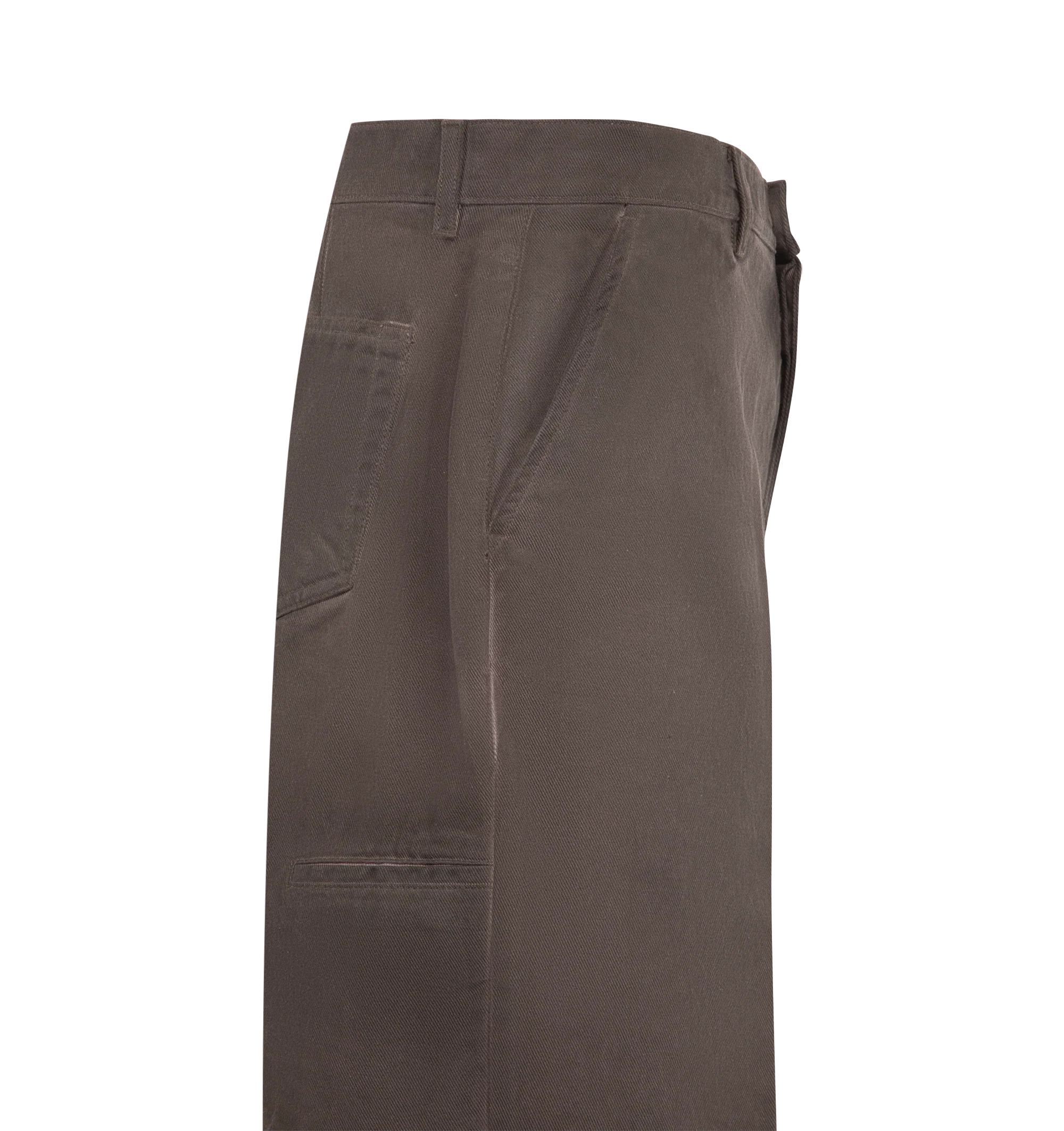 Image 3 of 3 - BROWN - Rick Owens Men's DRKSHDW Wool Work Shorts. These distinctive shorts feature a wide-leg, relaxed silhouette that falls around or below the knee, designed with a clean front button closure, integrated belt loops, and structured front creases. Materials: Inner Layer: 100% Cupro. Outer Layer: 100% Wool. 