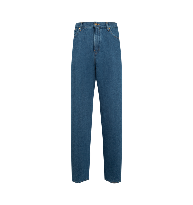 Image 1 of 3 - BLUE - JIL SANDER Denim Trousers 4 Treated featuring regular fit and tapered leg, zip fly and button closure, five pockets, back leather patch with embossed Jil Sander logo and cotton pocket lining. 100% cotton. Made in Italy.