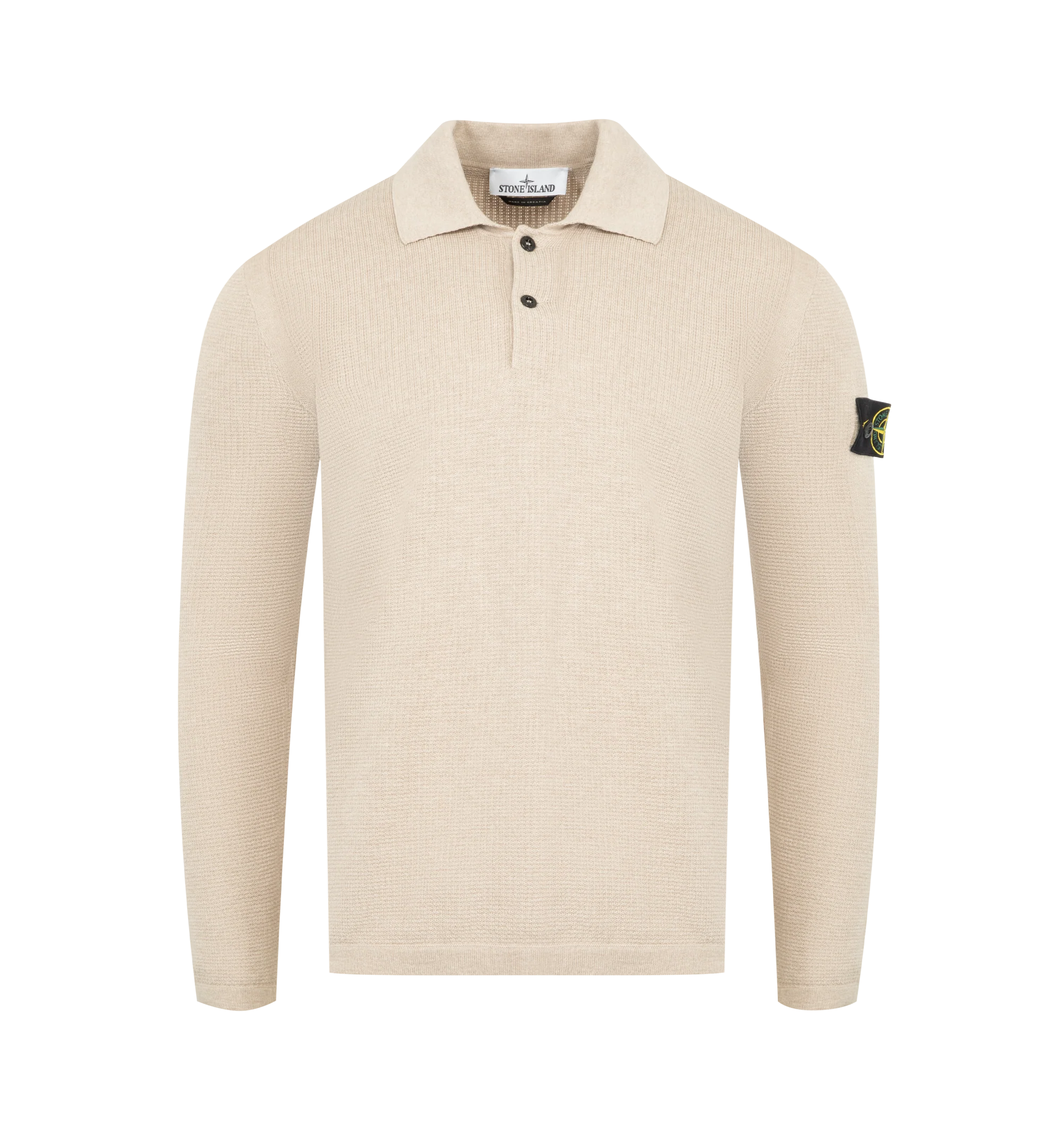 Image 1 of 3 - NEUTRAL - STONE ISLAND Polo featuring ribbed collar with two-button fastening, contrast-knit band around armholes, raised seam detail on back shoulders, raglan sleeves on back, Stone Island badge on left sleeve, ribbed cuffs and hem and loose fit. 100% cotton.