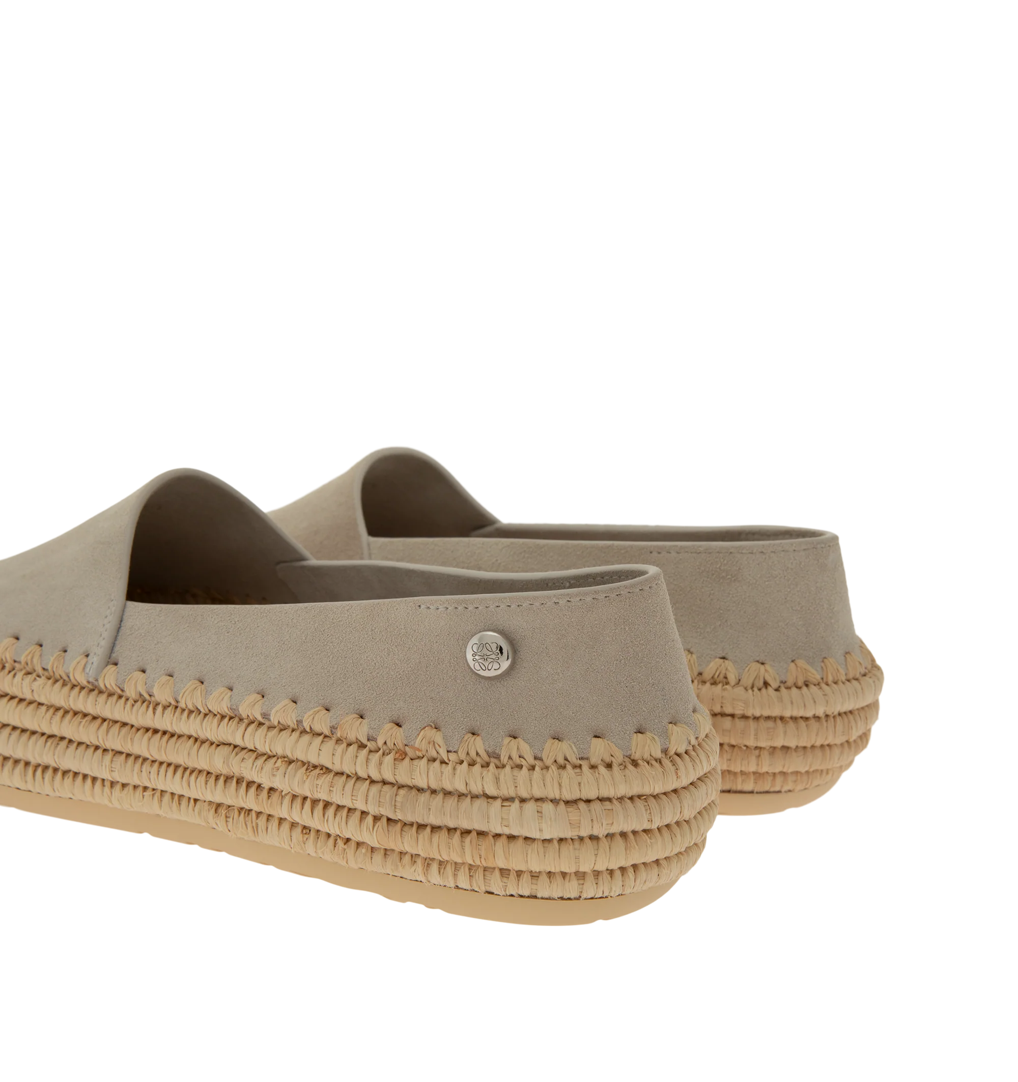 Image 3 of 4 - GREY - Loewe Mens Slippers are crafted from suede and raffia. Feature handcrafted raffia embroidery, rounded toe, engraved Anagram pebble detail, padded leather insole, embossed Anagram rubber outsole, and a 0.5 cm heel height. Main Material: Suede, Raffia. Made in Spain.