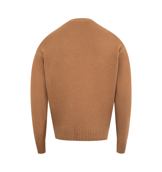 Image 2 of 3 - BROWN - MONCLER Wool Cashmere Sweater featuring a wool and cashmere blend, crew neck, stockinette stitch, gauge 5 and leather logo patch. 90% virgin wool, 10% cashmere.