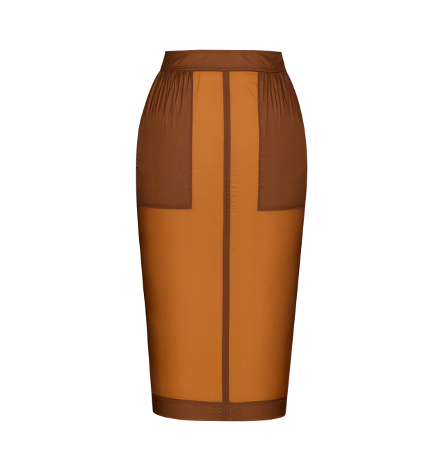 Image 1 of 3 - BROWN - SAINT LAURENT Nylon Pencil Skirt featuring semi-sheer pencil skirt, concealed back zip closure, two welt pockets at the front and single back vent. 100% polyamide. Made in Italy.