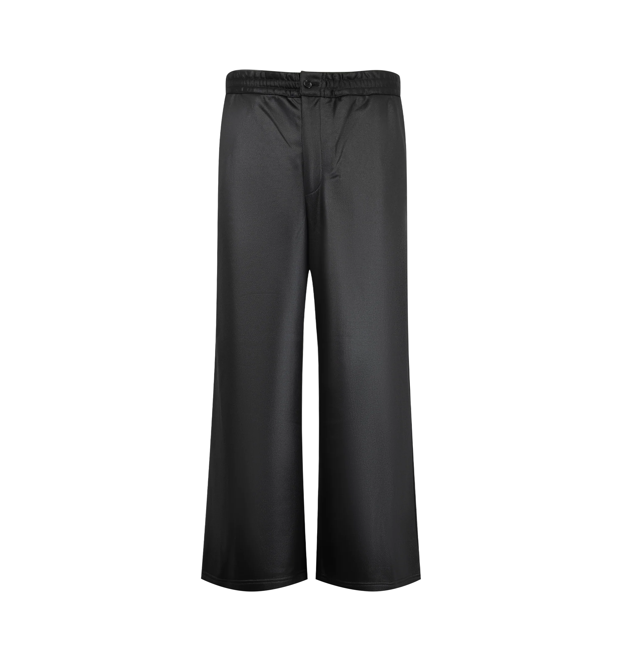Image 1 of 3 - BLACK - Homme Plus sleek black wide-leg trousers feature a smooth satin finish and an elasticated waistband with a button closure.
