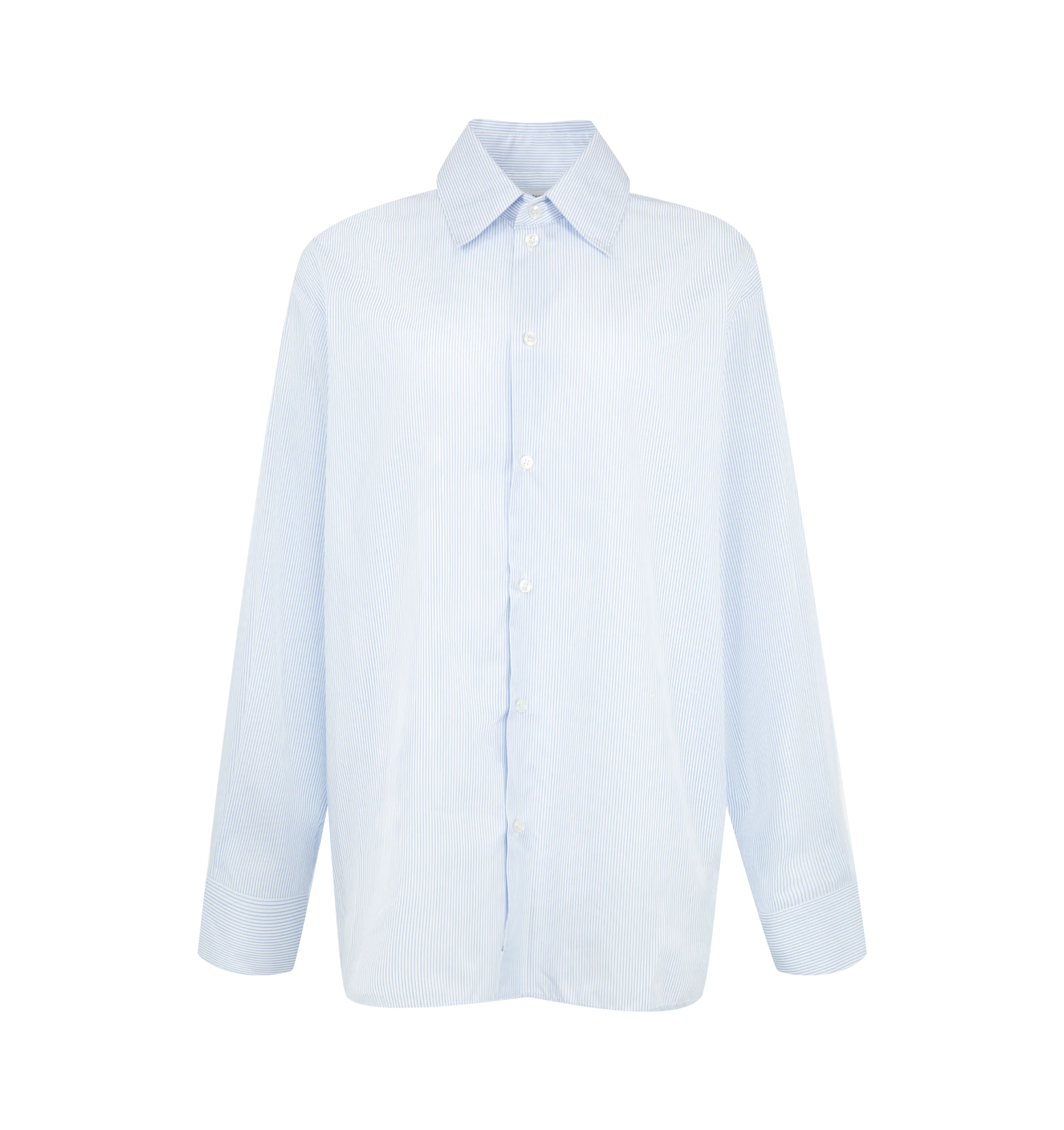 Image 1 of 2 - BLUE - Saint Laurent Womens Oversized Shirt is crafted from cotton poplin. Features an oversized fit, button-front closure, pointed collar, exaggerated shoulders with shoulder boning, French cuffs with one-button placket, and a curved hem. Main Material: 100% Cotton. Made in Italy.
