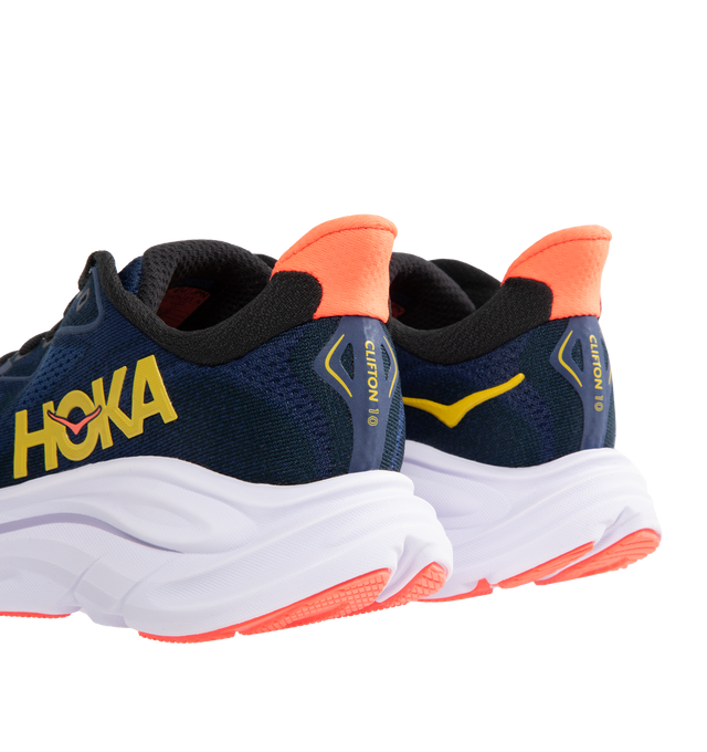 Image 3 of 5 - BLUE - HOKA Clifton 10 Sneaker featuring jacquard knit, reflective upper details, smooth MetaRocker, rearfoot-focused Active Foot Frame, CMEVA midsole, molded EVA sockliner and inherently durable abrasion rubber. 