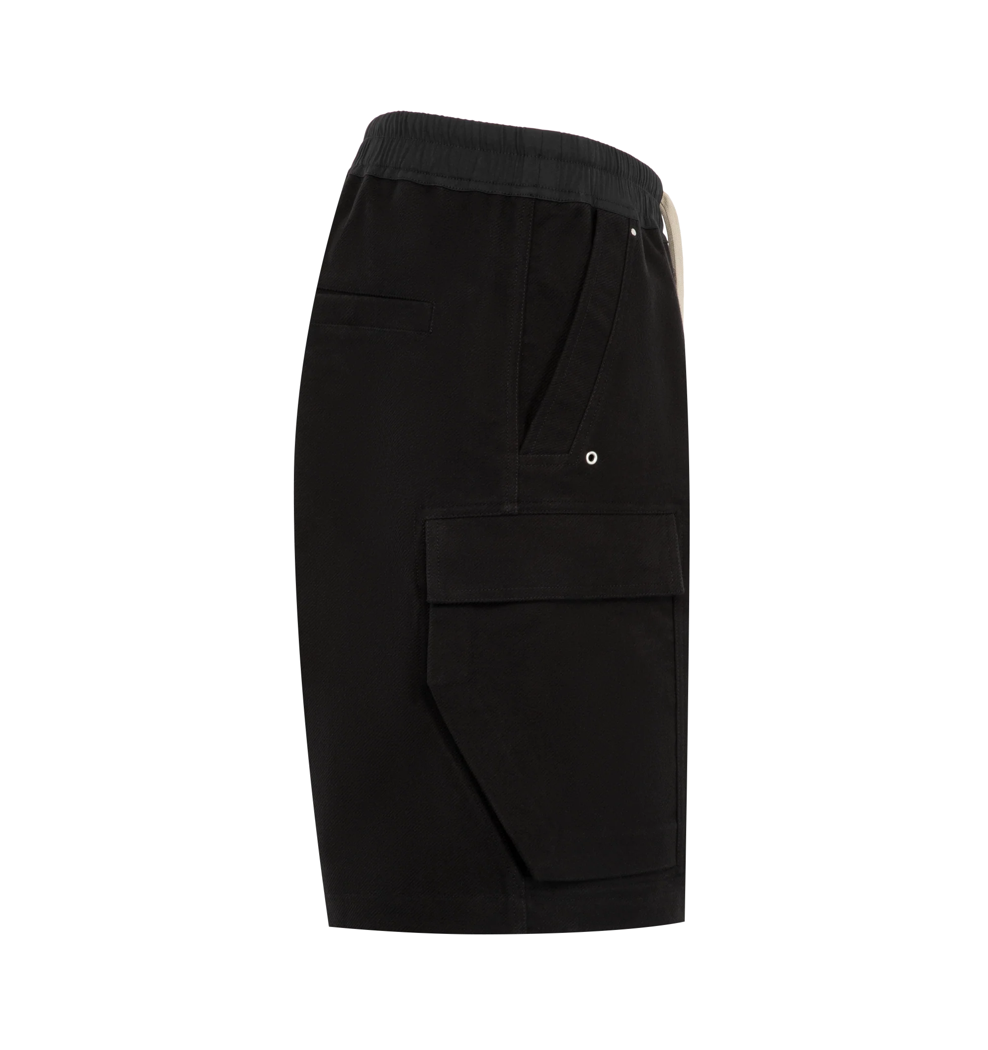 Image 3 of 3 - BLACK - Rick Owens Mens Cargobela Shorts are crafted from overdyed waxed cotton denim. Feature a knee-length wide-leg silhouette, dropped crotch, elasticized waistband with drawstring, exposed Bela front zip closure with dual snap buttons, concealed snap cargo pockets, rear welt pockets, and topstitch detailing. Main Material: 100% Cotton; Waistband: 97% Cotton, 3% Elastane. Made in Italy.
