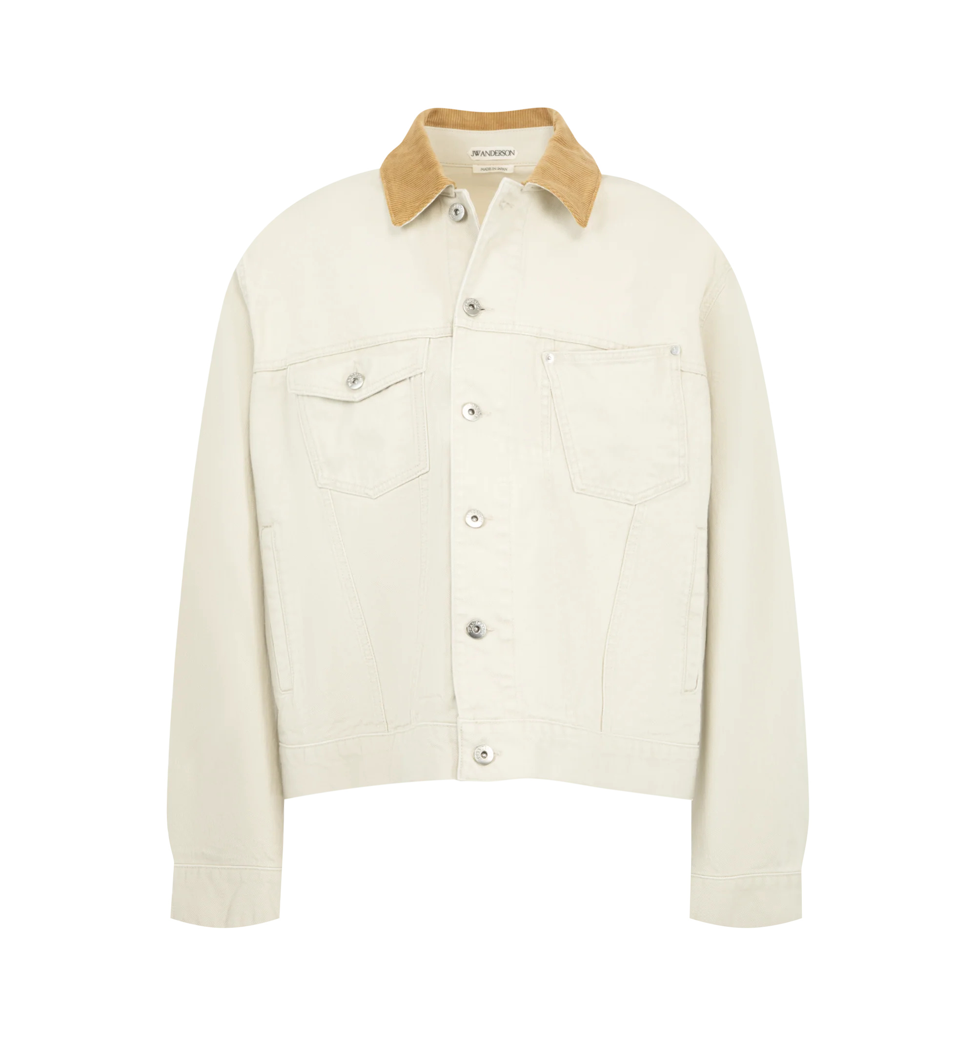 Image 1 of 3 - WHITE - JW Anderson Men's Corduroy Collar Jacket in ecru features a corduroy contrast collar, twisted patch pocket, engraved metal shank buttons, and finished with a leather logo patch. 100% Cotton. Crafted in Japan.