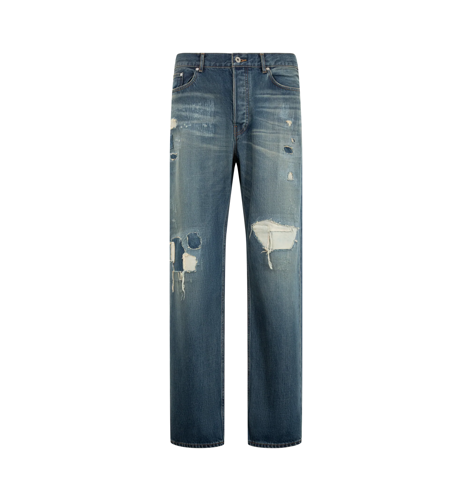 Image 1 of 3 - BLUE - JW Anderson Men's Straight Leg Denim Jeans are crafted from Japanese selvedge denim and feature a classic mid-rise, straight-leg silhouette in a dark blue wash. Developed in collaboration with expert Japanese denim makers, the jeans are designed with a leather logo patch, custom logo shank buttons and rivets, an anchor rivet at the ticket pocket, and a pocket bag screen-printed with "Made in Japan." Main Material: 100% Cotton. Lining: 100% Cotton. Made in Japan.