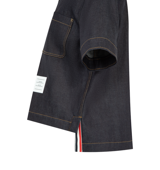 Image 3 of 3 - NAVY - THOM BROWNE Japanese Selvedge Denim Button Down Shirt featuring a structured short-sleeve shirt with front button placket, chest patch pockets, contrast stitching, crafted in Japanese selvedge denim, button-down point collar and elbow-length sleeves. 100% cotton. Made in Italy.
