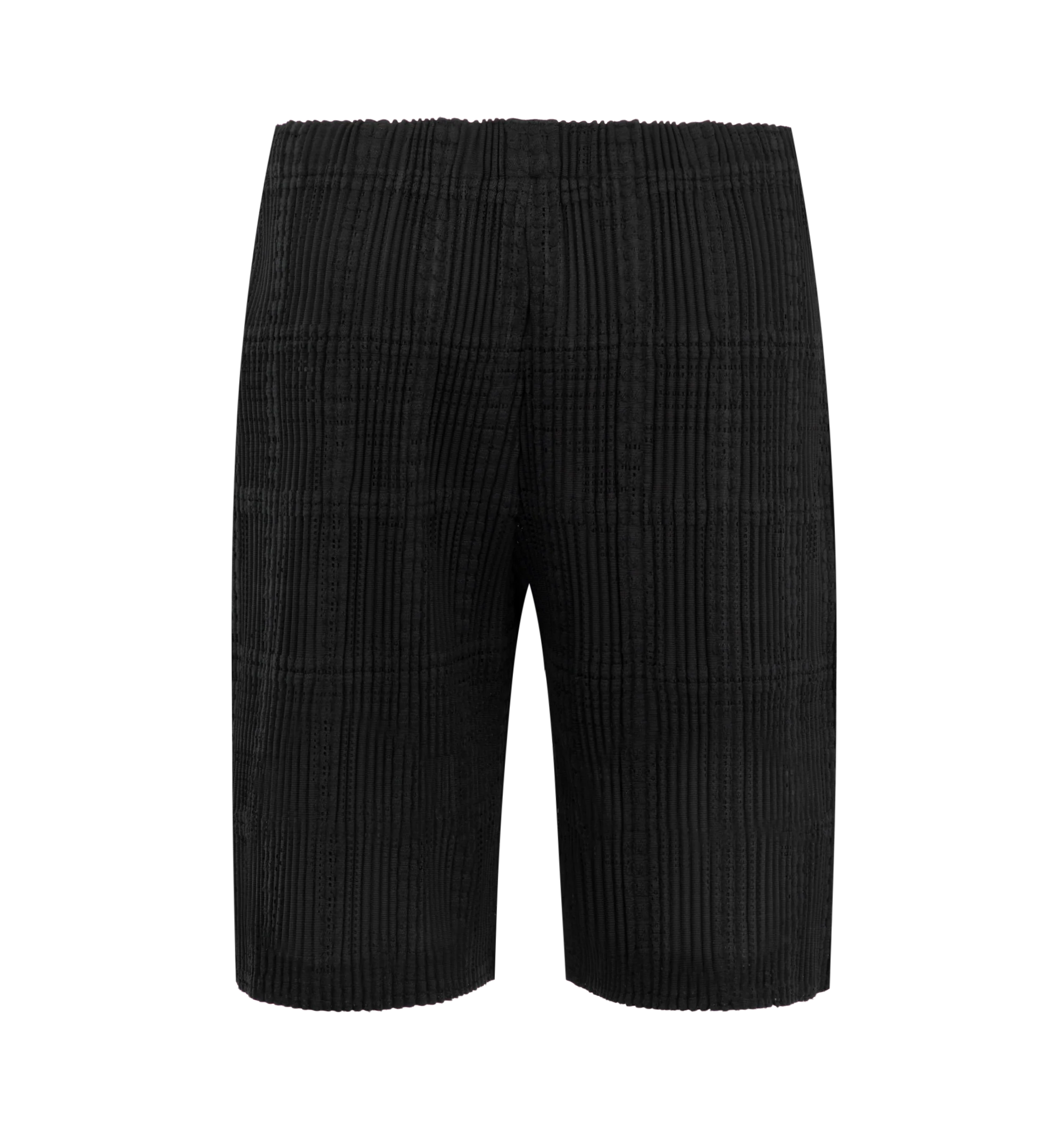 Image 2 of 3 - BLACK - Issey Miyake Men's Lace Grid Pleats Pants are crafted from a lightweight polyester and cotton blend and feature the house's signature pleated construction with a distinctive grid-inspired texture. Designed with an elasticated drawstring waistband for an adjustable fit, these designer pants are finished with a button-fly front and functional side pockets, combining innovative textile design with everyday comfort. Main Material: 75% Polyester, 25% Cotton. Waist: Elasticated with Drawstr