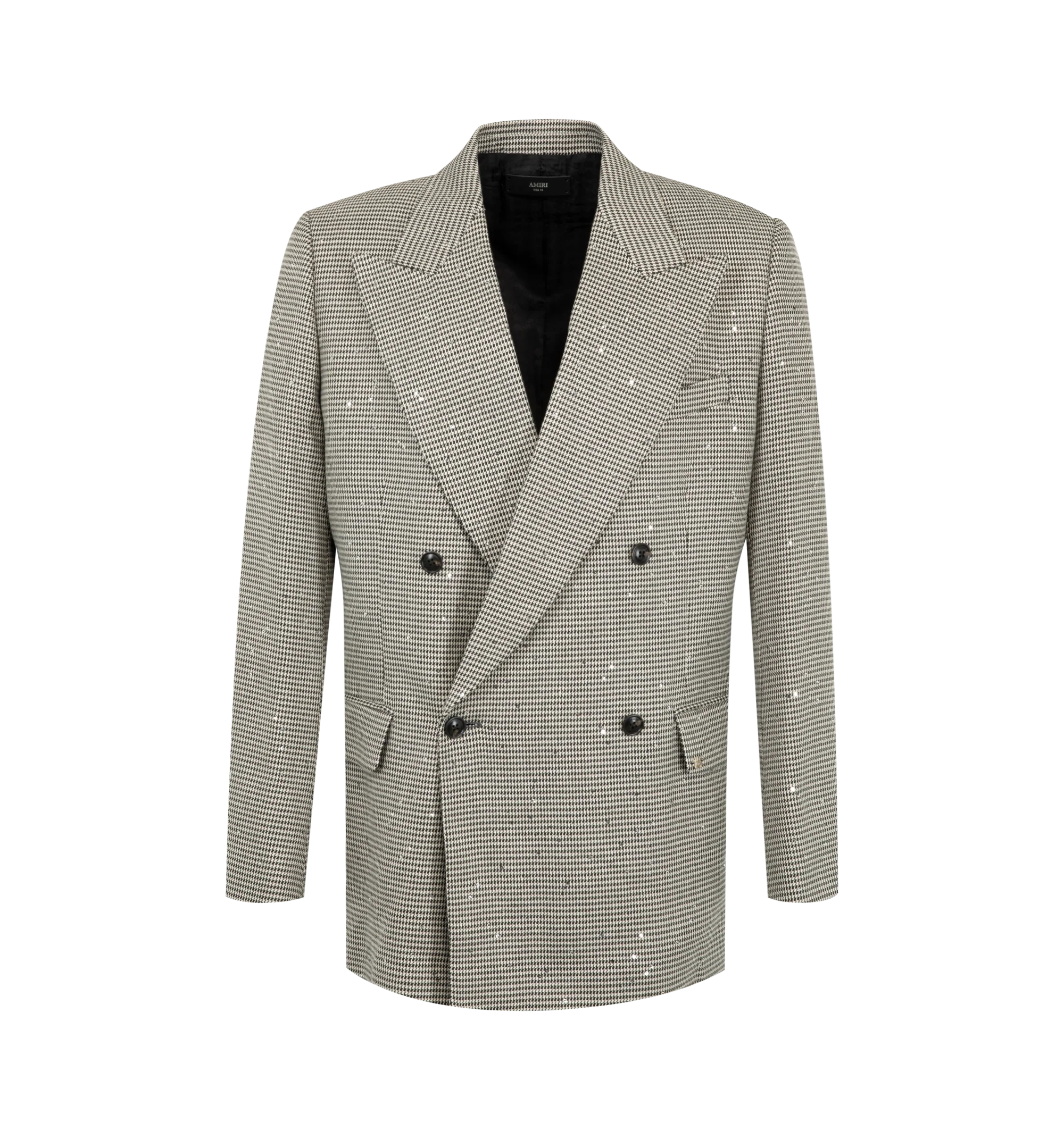 Image 1 of 2 - MULTI - Amiri Men's Double-Breasted Peak Lapel Sequin Jacket is crafted from a textured polyester blend with metallic fibers and features a double-breasted silhouette, peak lapels, and allover sequin embellishments. This designer tailored jacket combines statement-making glamour with refined Italian craftsmanship for elevated evening wear. Main Material: 66% Polyester, 33% Viscose, 2% Metallic Fiber, 2% Elastane. Made in Italy.