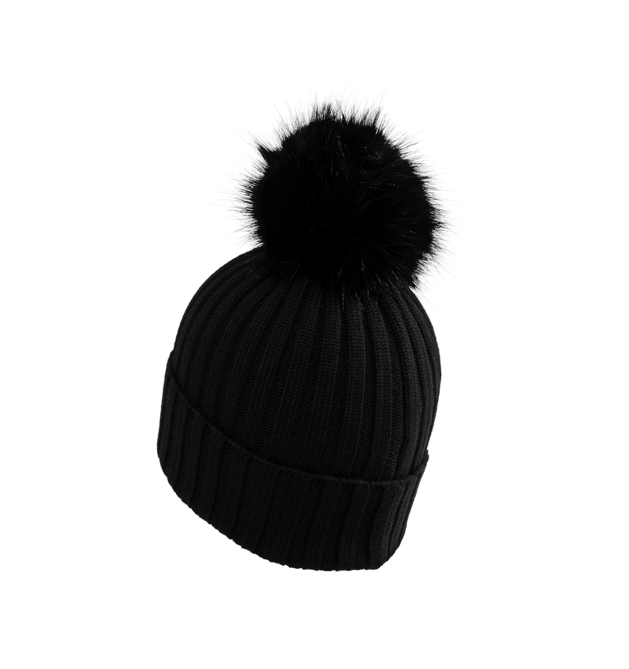 Image 2 of 2 - BLACK - Moncler Wool Beanie with Pom Pom features an English rib-knitting and logo at front and embellished with a faux fur pom pom. Designed to provide warmth, this heavy knit beanie for women adds the finishing touch to cold-weather looks. 100% virgin wool . 