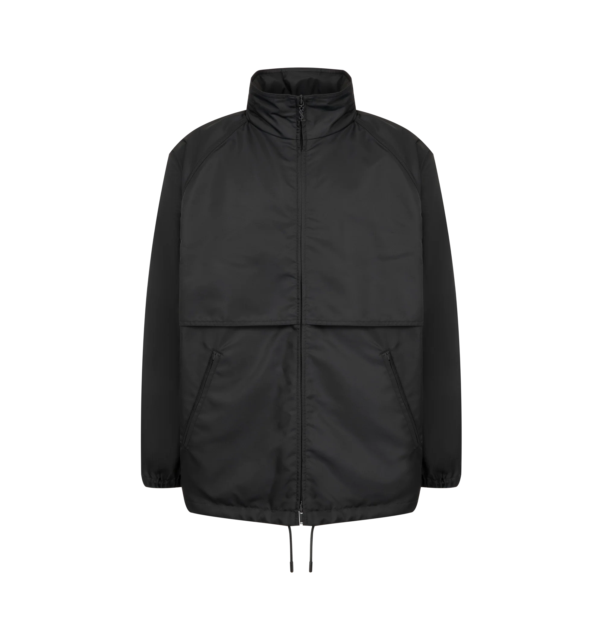 Image 1 of 4 - BLACK - Saint Laurent Mens Hooded Jacket is crafted from technical shell with leather trim. Features a concealed hood, front zip closure, streamlined silhouette, and leather detailing. Main Material: 100% Polyester; Trim: 100% Leather. Made in Italy.
