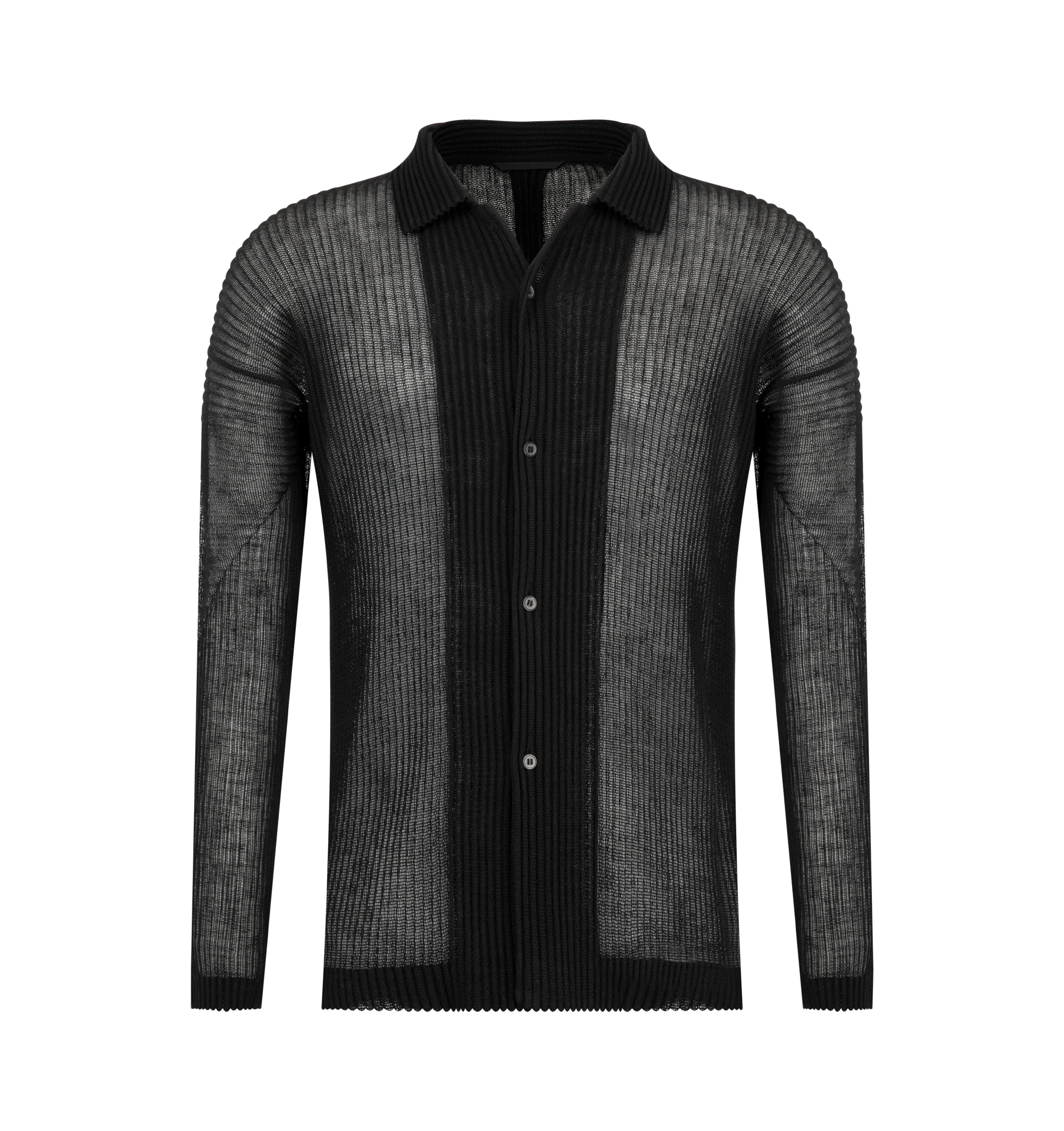 Image 1 of 2 - BLACK - Issey Miyake Mens Open-Collar Shirt is crafted from lightweight mesh fabric with a structured feel. Features an open collar, button-front closure, pleated construction, and a relaxed silhouette designed for layering. Main Material: 100% Polyester. Made in the Philippines.