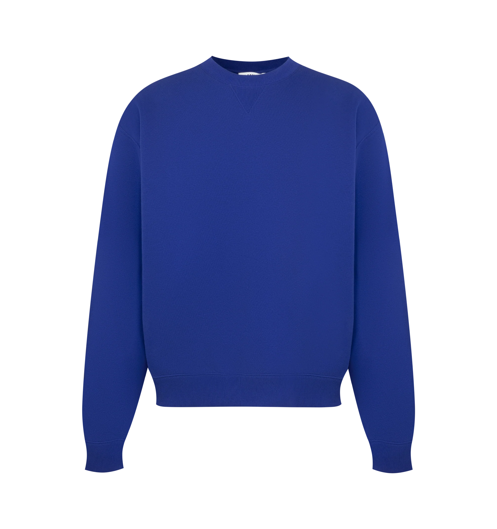 Image 1 of 3 - BLUE - Jil Sander Men's Cotton Terry Crew-Neck Sweatshirt is crafted from lightweight cotton terry and features a relaxed-fit silhouette with slightly dropped shoulders. Designed with a ribbed crew neck, hem and cuffs, and a vertical printed Jil Sander logo that reflects the brand's clean, modern aesthetic. Main Material: 100% Cotton. Made in Italy.