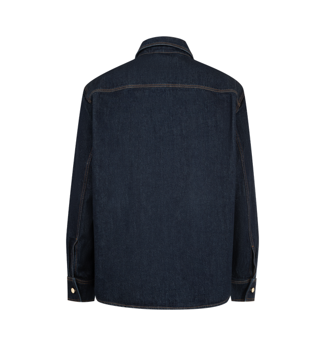 Image 2 of 2 - BLUE - CASABLANCA Raw Denim Shirt featuring long-sleeves, single breast pocket, a point collar, button closure, branded gold-plated hardware, a box pleat in the back and an embroidered CC logo. 100% cotton. Made in Portugal.