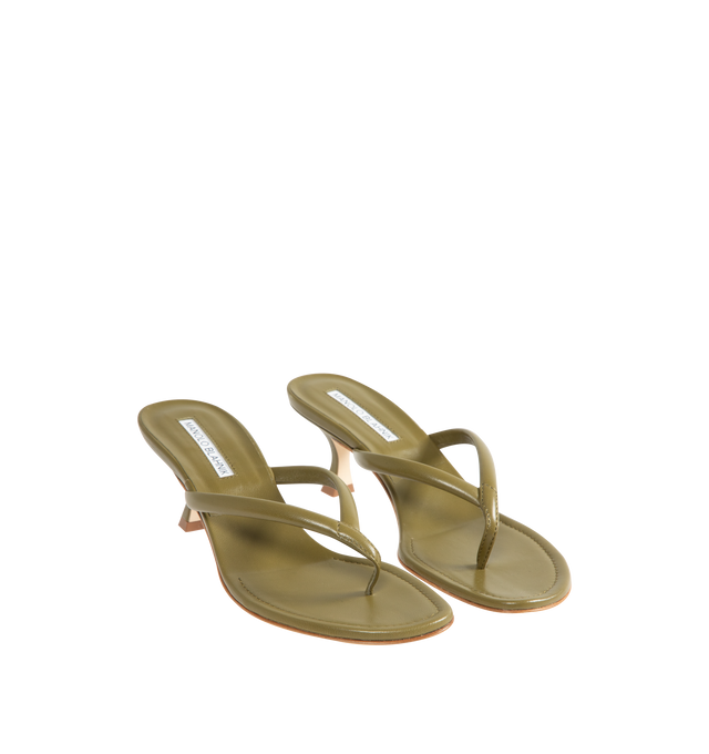 Image 2 of 4 - GREEN - Manolo Blahnik Paterno 50 Leather Sandal featuring nappa leather upper with leather sole, leather lining and footbed, angled round toe with flared kitten heel.Approx 50mm/ 2 inch heel. Made in Italy. 