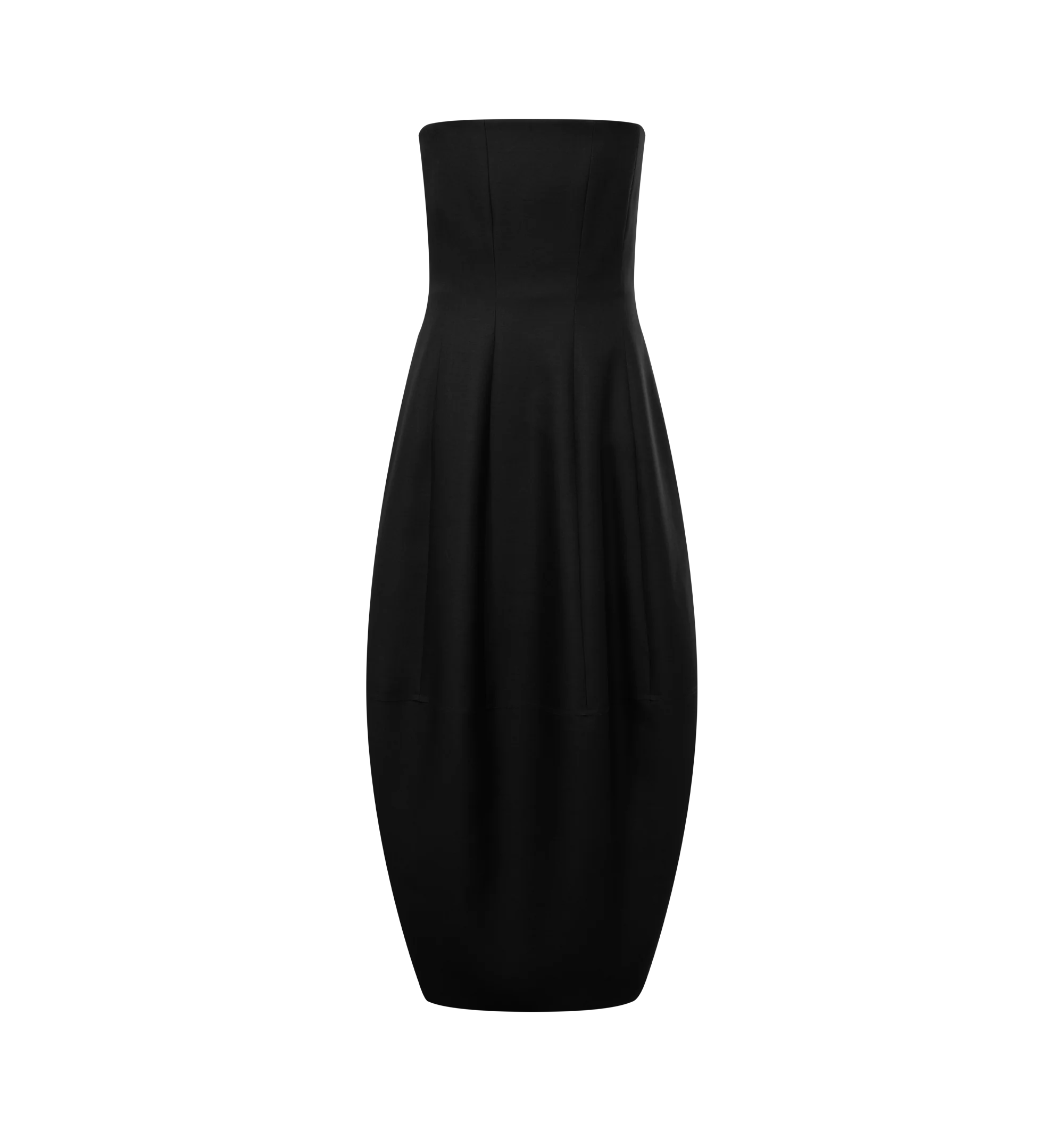 Image 1 of 2 - BLACK - Khaite Womens Strapless Stela Dress is crafted from wool silk cady. Features a strapless neckline, slim-fitting corset-inspired bodice, contoured waist, and voluminous rounded skirt that gently tapers toward the hem. Main Material: 74% Wool, 26% Silk. Dry clean. Made in Italy.