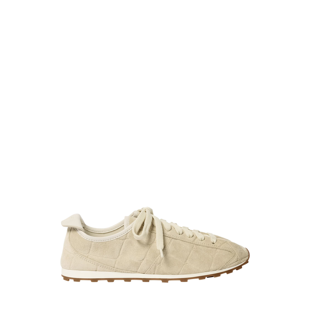 Image 1 of 4 - WHITE - JACQUEMUS Tennis Sneaker featuring soft crocodile-embossed suede, almond-shaped toe, flat laces, embossed logo on the tongue, embossed logo on the heel tab, removable leather-covered insole and rubber outsole in a round and square shape. 100% calf leather. Outsole: 100% thermoplastic polyurethane. Made in Portugal.