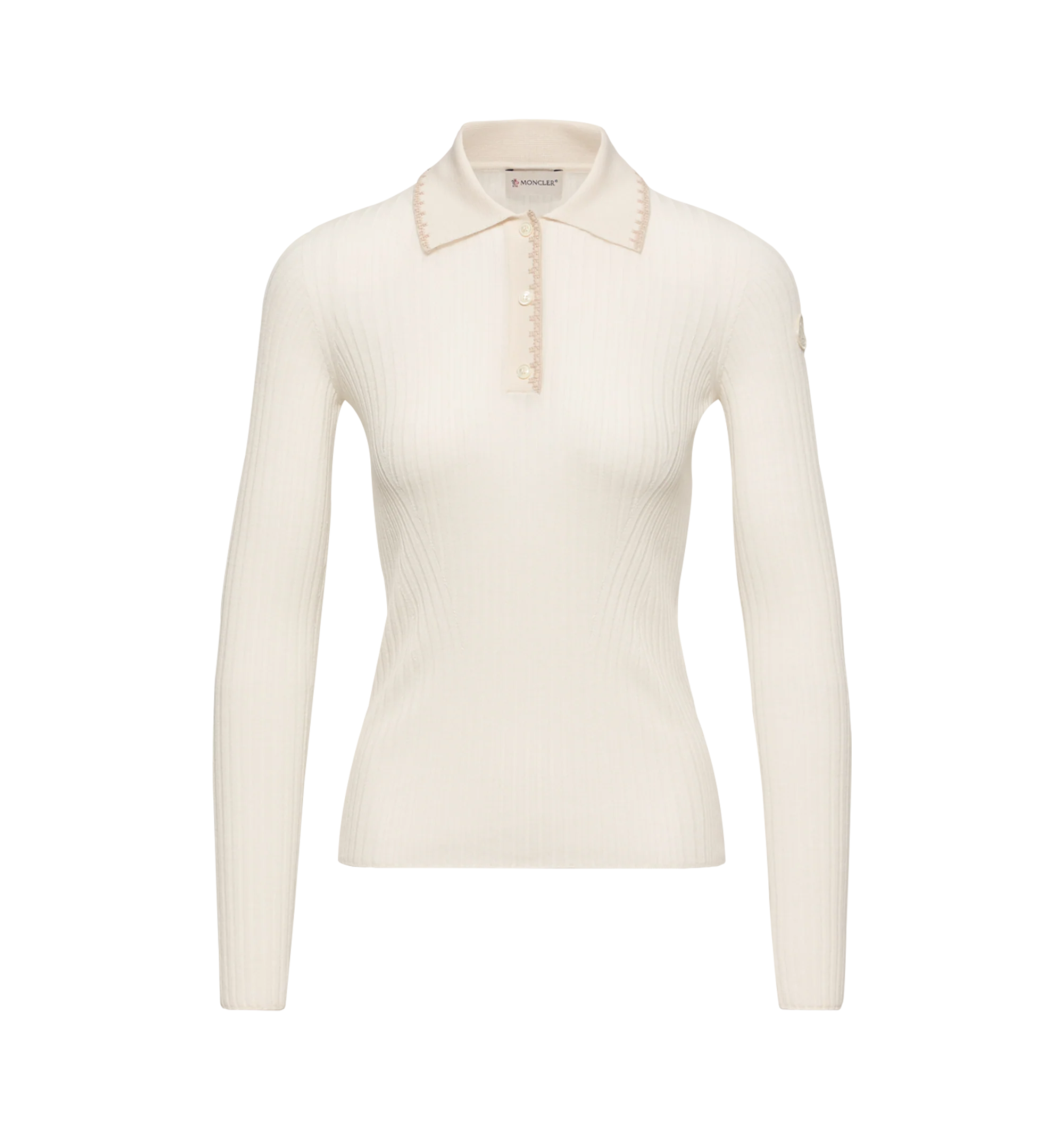 Image 1 of 1 - NEUTRAL - Moncler Womens Merino Wool Polo Sweater is crafted from lightweight merino wool and features a fine gauge 18 knit, classic collar, button-front closure, long sleeves, embroidered trim, and a signature leather logo patch. This designer wool polo sweater combines timeless knitwear with a refined silhouette for elevated everyday layering. Main Material: 100% Virgin Wool. Made in Romania.