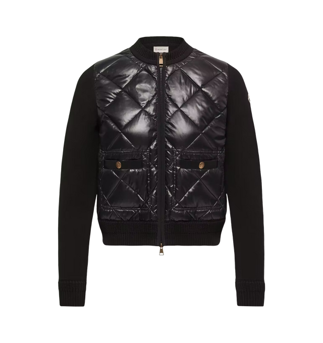 Image 1 of 1 - BLACK - Moncler Womens Cotton Padded Cardigan is crafted from cotton with a down-filled nylon laqu front and nylon laqu lining. Features a zipper closure and pockets with snap-button closures. Base Fabric: 100% Cotton; Outer Front: 100% Polyamide / Nylon; Front Lining: 100% Polyamide / Nylon; Padding: 90% Down, 10% Feather. Made in Moldova.