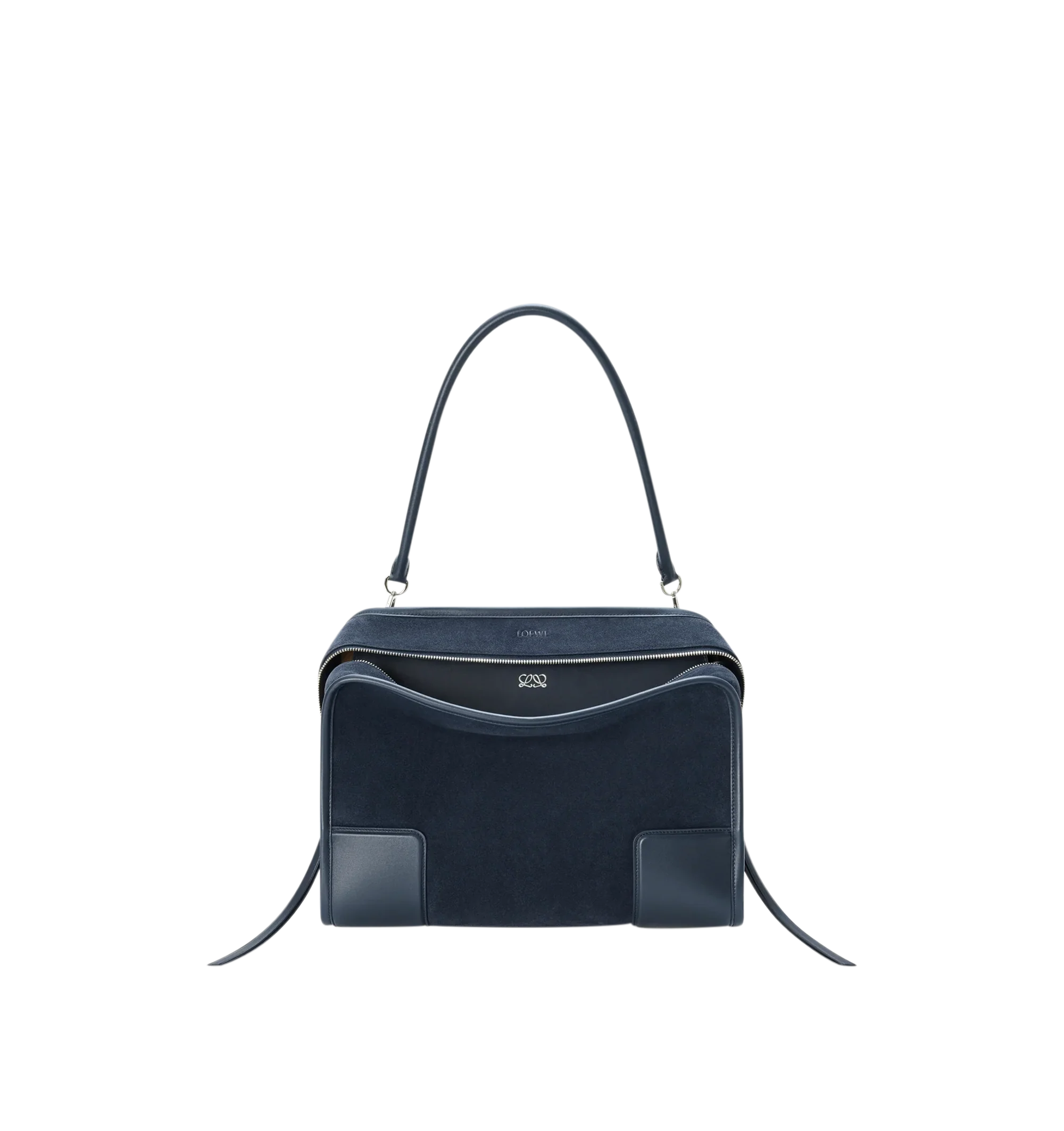Image 9 of 16 - NAVY - Loewe Large Amazona 180 Bag in suede featuring a relaxed silhouette anchored by a single toron top handle, designed to be carried open while a concealed closure secures the main compartment, removable shoulder and crossbody straps, zip closure with two leather zip pullers, two compartments, main compartment closed with magnetic closure, internal flat pocket, left side d-ring for customization, suede and nappa lambskin lining, embossed LOEWE and embossed double L branding. Suede/calf.  