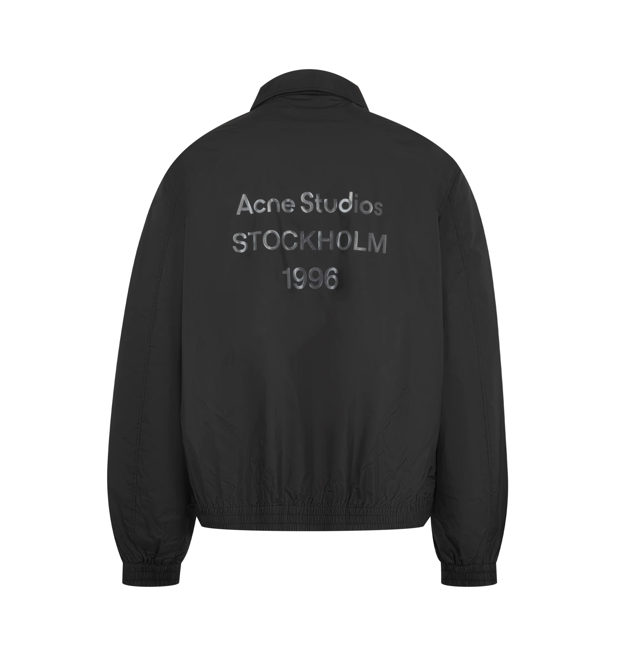 Image 2 of 3 - BLACK - Acne Studios Mens Nylon Jacket is crafted from lightweight recycled nylon with a semi-shiny finish. Features a regular fit, below-waist silhouette, pointed collar, front zip closure, side-seam pockets, elasticized cuffs and hem, full lining, and Acne Studios 1996 logo at the back. Main Material: 100% Nylon; Lining: 55% Polyester, 45% Viscose. Made with recycled nylon and recycled polyester/FSC-certified viscose lining. Made in Portugal. 