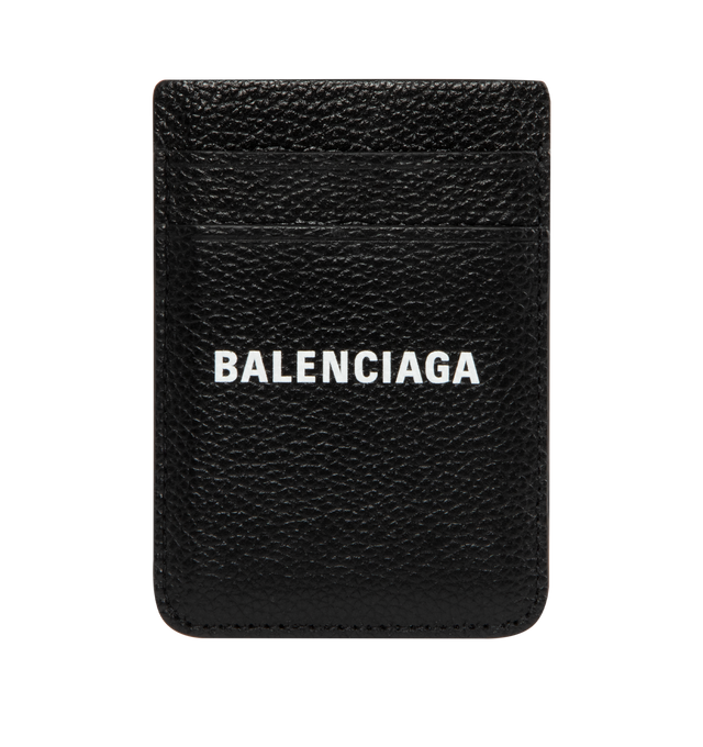 Image 1 of 2 - BLACK - BALENCIAGA Cash Magnet Card Holder in grained calfskin featuring card holder to attach to the back of the phone, Balenciaga logo printed at front and 2 card slots. L2.6 x H3.7 x W0.2 inch. Calfskin. Made in Italy.