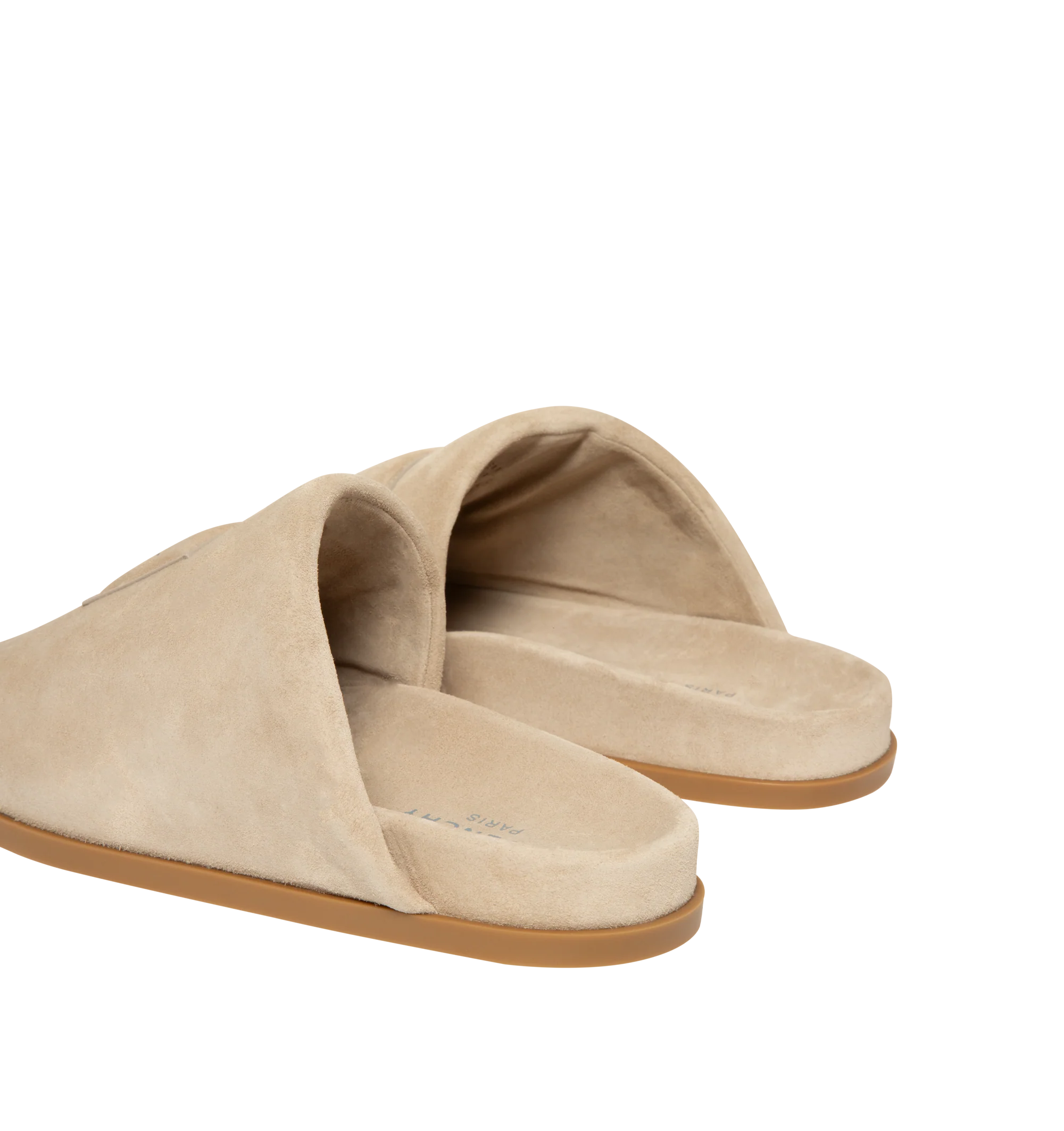 Image 3 of 5 - NEUTRAL - Givenchy Puffy Mules in Suede are crafted from supple calfskin suede and feature the house's signature Puffy silhouette with an asymmetric, slip-on design. Designed with a tonal padded label accented by a silvery Givenchy Paris logo, a branded leather insole, and a raised Givenchy signature beneath the sole, the mules combine comfort with a refined contemporary aesthetic. Main Material: 100% Calfskin Leather. Lining: 100% Calfskin Leather. Made in Italy. 