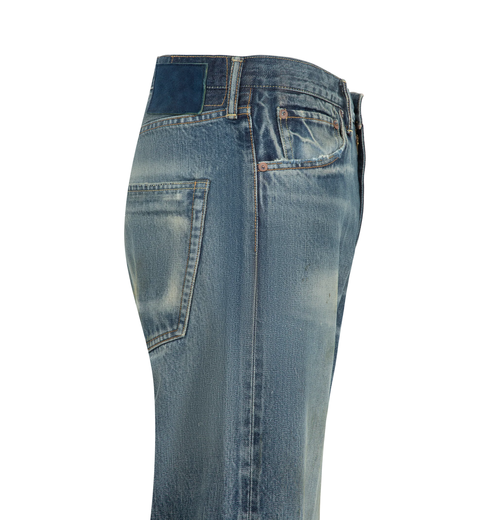 Image 3 of 3 - BLUE - Visvim Men's Social Sculpture 03 Wide Denim Jeans are crafted from original selvedge denim and feature a regular-slim silhouette with a normal rise and tapered leg. Designed with five-pocket styling, a zip fly with button closure, original hardware, and an indigo-dyed deerskin patch, showcasing the brand's signature blend of heritage workwear and Japanese craftsmanship. Main Material: 100% Cotton. Patch: Deerskin. 