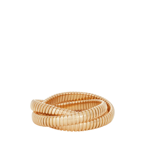 Image 1 of 1 - GOLD - SIDNEY GARBER Rolling Bracelet: 18K Yellow Gold 3 Band 9MM Rolling Bracelet. This iconic three-strand bracelet is handmade from a continuous piece of flexible, lightweight, 18k Gold. It wraps around itself seamlessly and forms a shiny stack. As many as four can be worn together. 18k Yellow Gold Each Band 9mm Width Handmade.