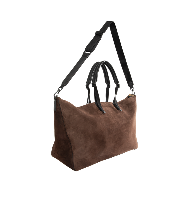 Image 2 of 3 - BROWN - MONCLER Carlo Suede Duffle Bag featuring micro suede lining, leather trim, leather handles, adjustable and detachable shoulder strap, inner pocket with snap button closure and embossed logo. L 42 cm x H 31 cm x D 22 cm. Leather. Lining: 91% polyester, 9% elastane/spandex. Made in Italy.