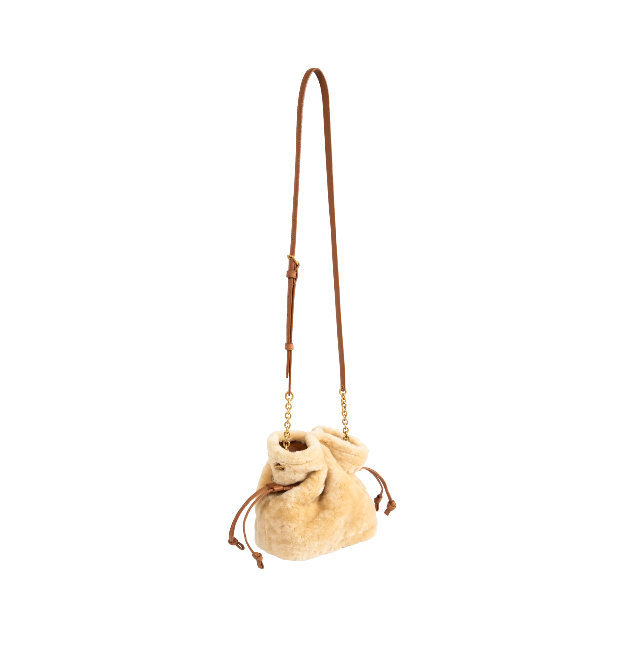 Image 2 of 3 - NEUTRAL - Saint Laurent Women's Jamie Mini Shoulder Bag is crafted from dyed shearling in natural beige and brick with a leather lining. The compact silhouette features bronze-tone Cassandre hardware, an open top with drawstring and magnetic closures, and a detachable, adjustable chain-and-leather strap for shoulder or crossbody carry. Main Material: Dyed Shearling. Lining: Leather. Dimensions: 12 x 15.2 cm / 4.7 x 6 in. Made in Italy.