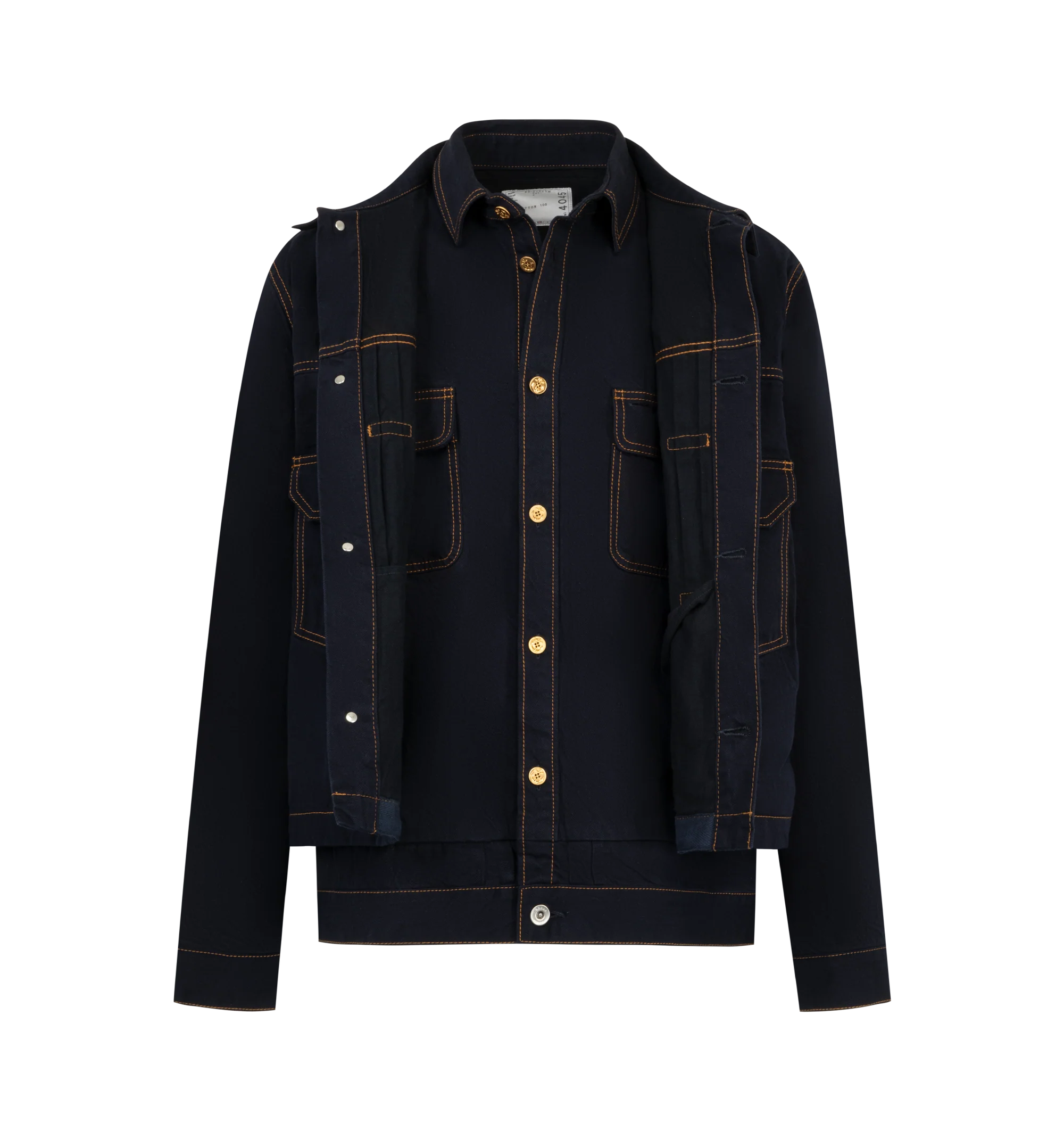 Image 2 of 4 - BLUE - Sacai Mens Denim Jacket is crafted from cotton denim. Features a button-front closure, long sleeves, buttoned cuffs, and chest pockets. Main Material: Cotton. Made in Japan.