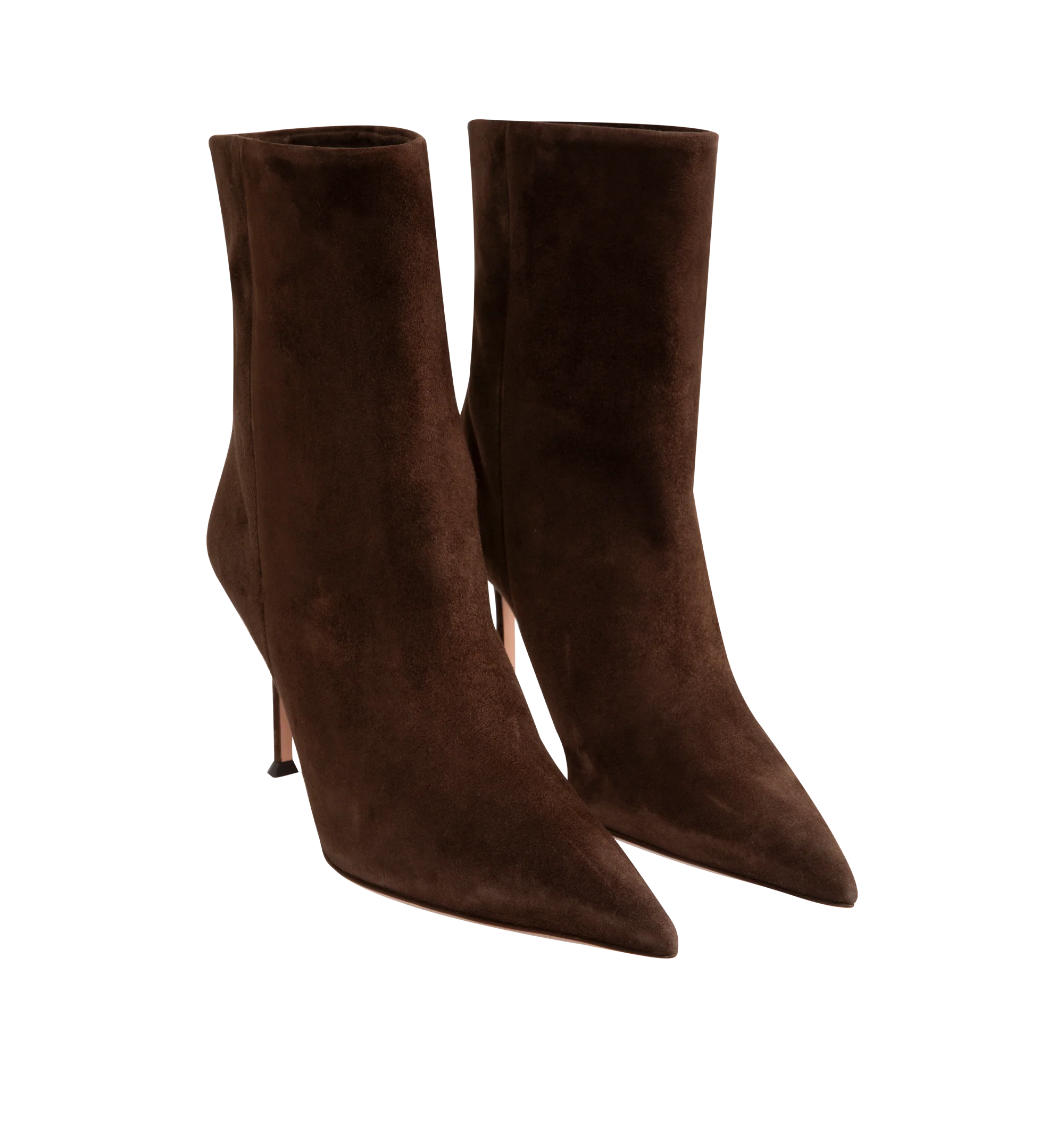 Image 2 of 4 - BROWN - Aquazzura Women's Harper Bootie 85 is crafted from smooth suede and features a sleek ankle-high silhouette with a pointed toe for an elegant, elongated profile. Designed in an easy pull-on style, these designer booties are set on an 85mm heel and finished with a soft leather lining and durable calf leather sole. Upper: Suede. Lining: Leather. Sole: Calf Leather. Heel Height: 85 mm / 3.3 in. Closure: Pull-On. Toe: Pointed. Made in Italy.