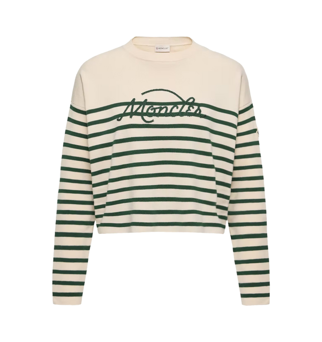 Image 1 of 1 - MULTI - Moncler Womens Striped Wool Sweater is crafted from extra-fine Merino wool. Features a gauge 14 knit construction, crew neck, striped detailing, and logo patch. Base Fabric: 100% Virgin Wool. Made in Romania.