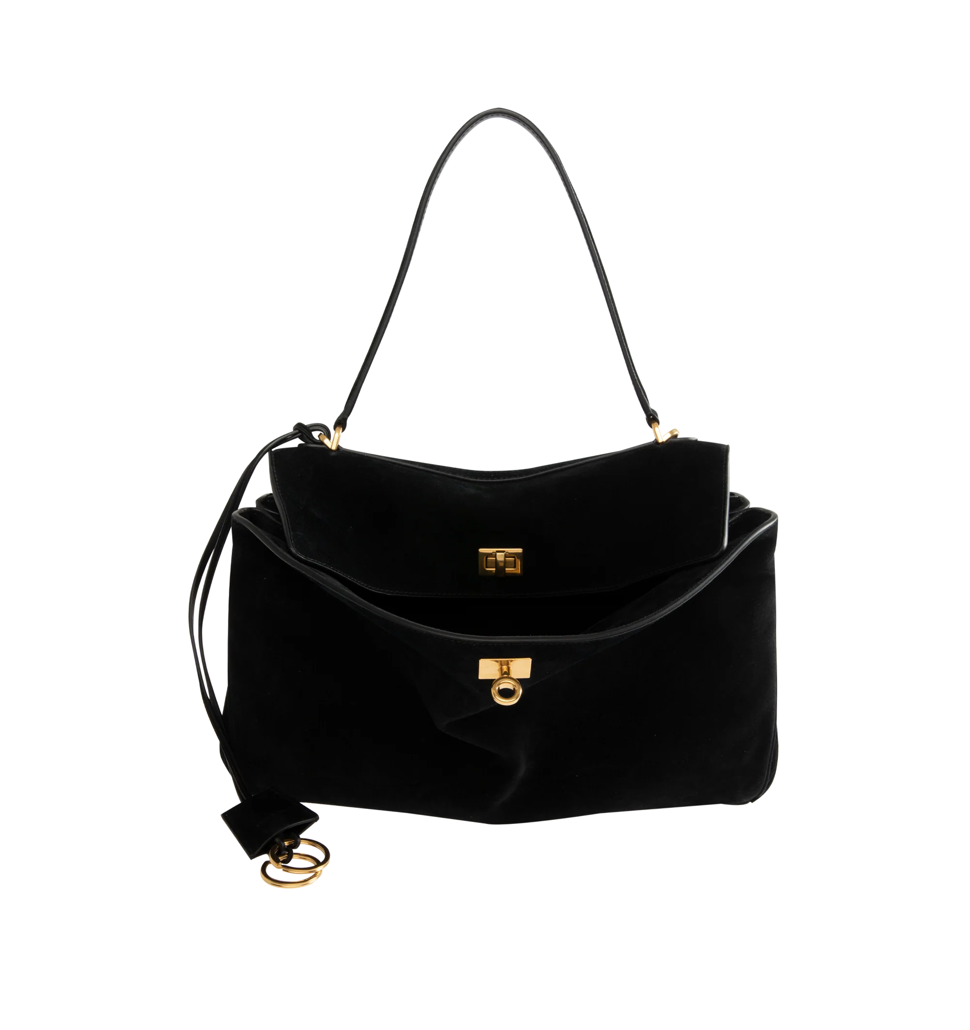 Image 3 of 4 - BLACK - Balenciaga Rodeo Handbag Medium is crafted from suede calfskin and smooth calfskin leather and features a structured yet relaxed silhouette with a top handle and removable shoulder strap. Designed with a turn-lock closure, aged-gold hardware, a removable cloche cls, a wide front pocket, and multiple interior compartments, the bag offers versatile carry options and everyday functionality. Main Material: Calfskin Leather. Lining: Nappa Lambskin. Made in Italy.