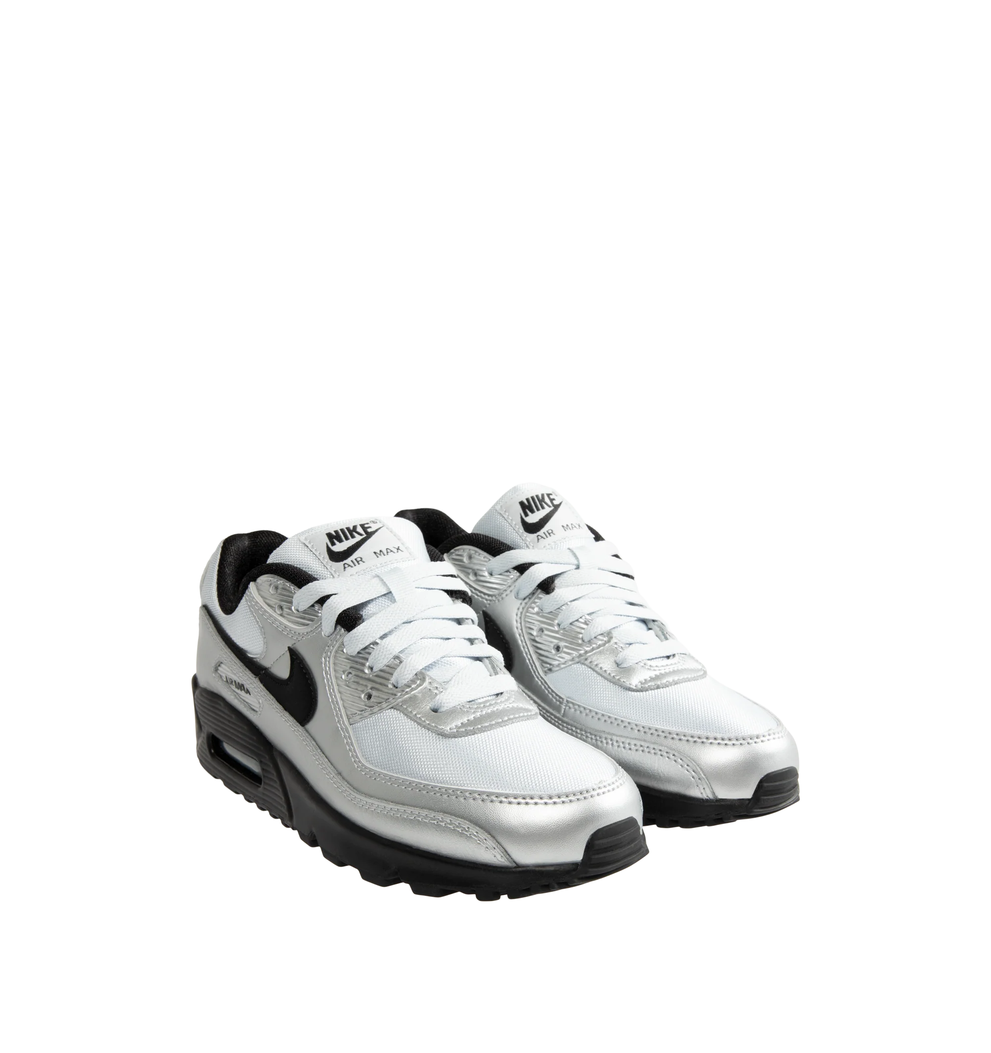 Image 2 of 5 - SILVER - Nike Air Max 90 Premium "Scorpion" Sneakers feature a genuine and synthetic leather upper with layered synthetic overlays, signature Scorpion graphics, and a classic low-top silhouette. Inspired by Nike's Scorpion Pack, these lifestyle sneakers combine visible Max Air cushioning with a durable rubber Waffle outsole for lightweight comfort, reliable traction, and iconic '90s style. Main Material: Genuine Leather, Synthetic Leather, and Synthetic. Midsole: Foam with Visible Max Air U